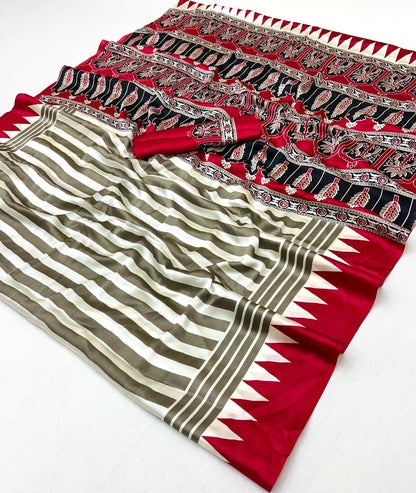Red Pure Modal Satin Ajrakh Print Satin Saree Japan Satin Saree Anant Tex Exports Pvt.Ltd..