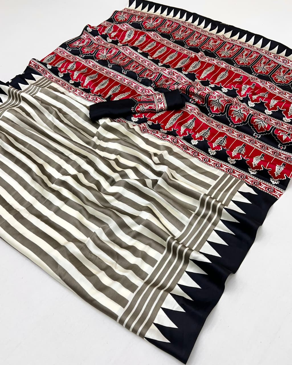 Black Pure Modal Satin Ajrakh Print Satin Saree