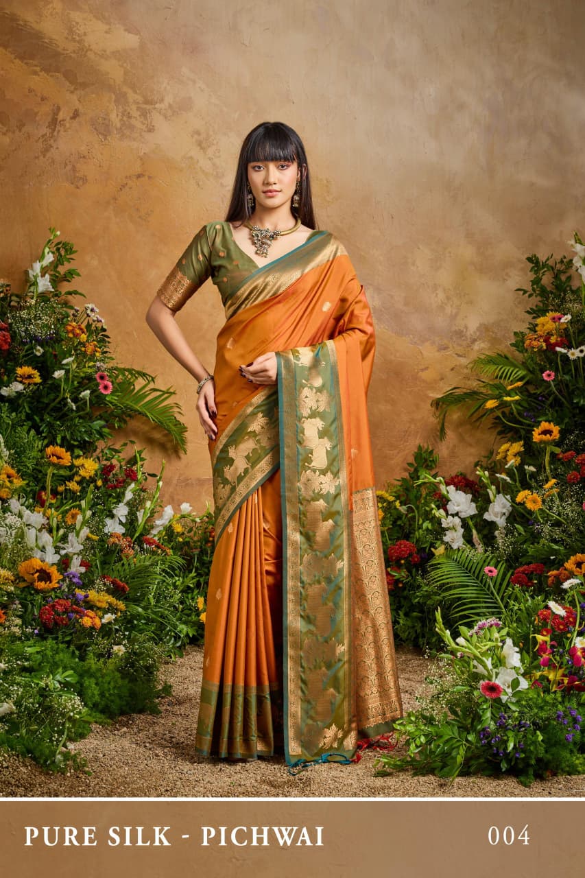Orange Pure Soft Silk Pichwai Handloom Weaving Silk Saree Soft Silk Saree Anant Tex Exports Pvt.Ltd..