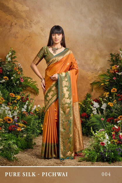 Orange Pure Soft Silk Pichwai Handloom Weaving Silk Saree Soft Silk Saree Anant Tex Exports Pvt.Ltd..