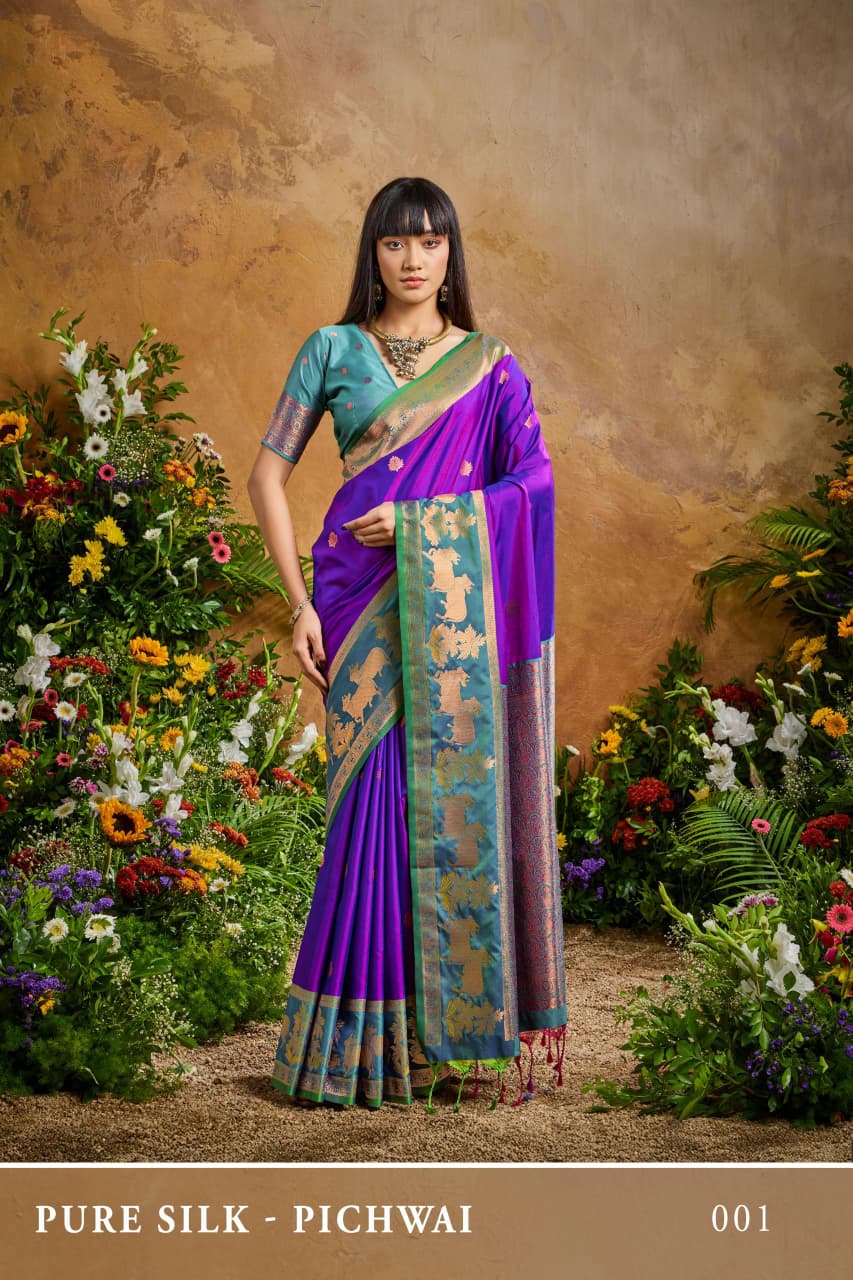 Purple Pure Soft Silk Pichwai Handloom Weaving Silk Saree Soft Silk Saree Anant Tex Exports Pvt.Ltd..