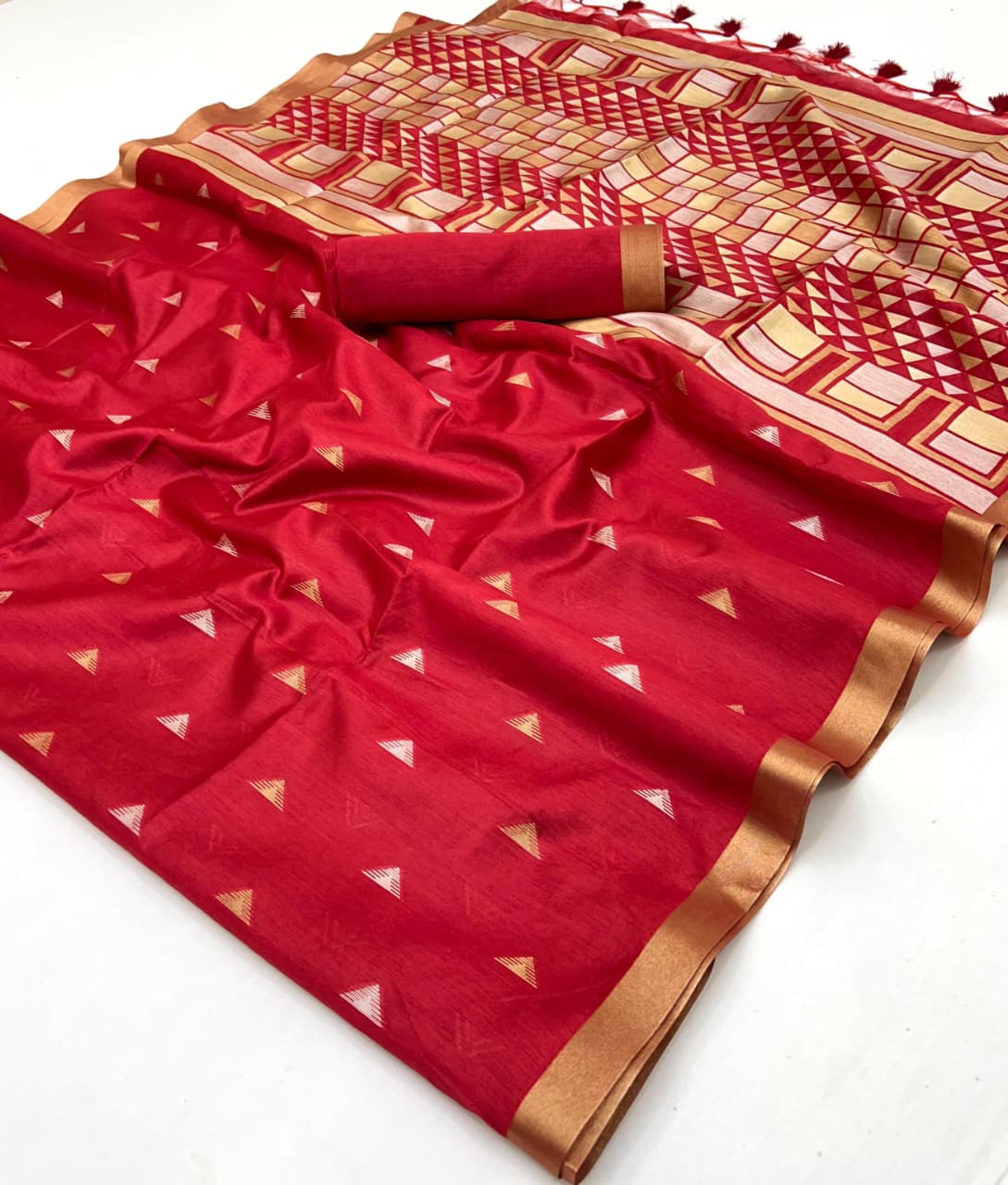 Red Pure Tussar Silk Handloom Weaving Saree