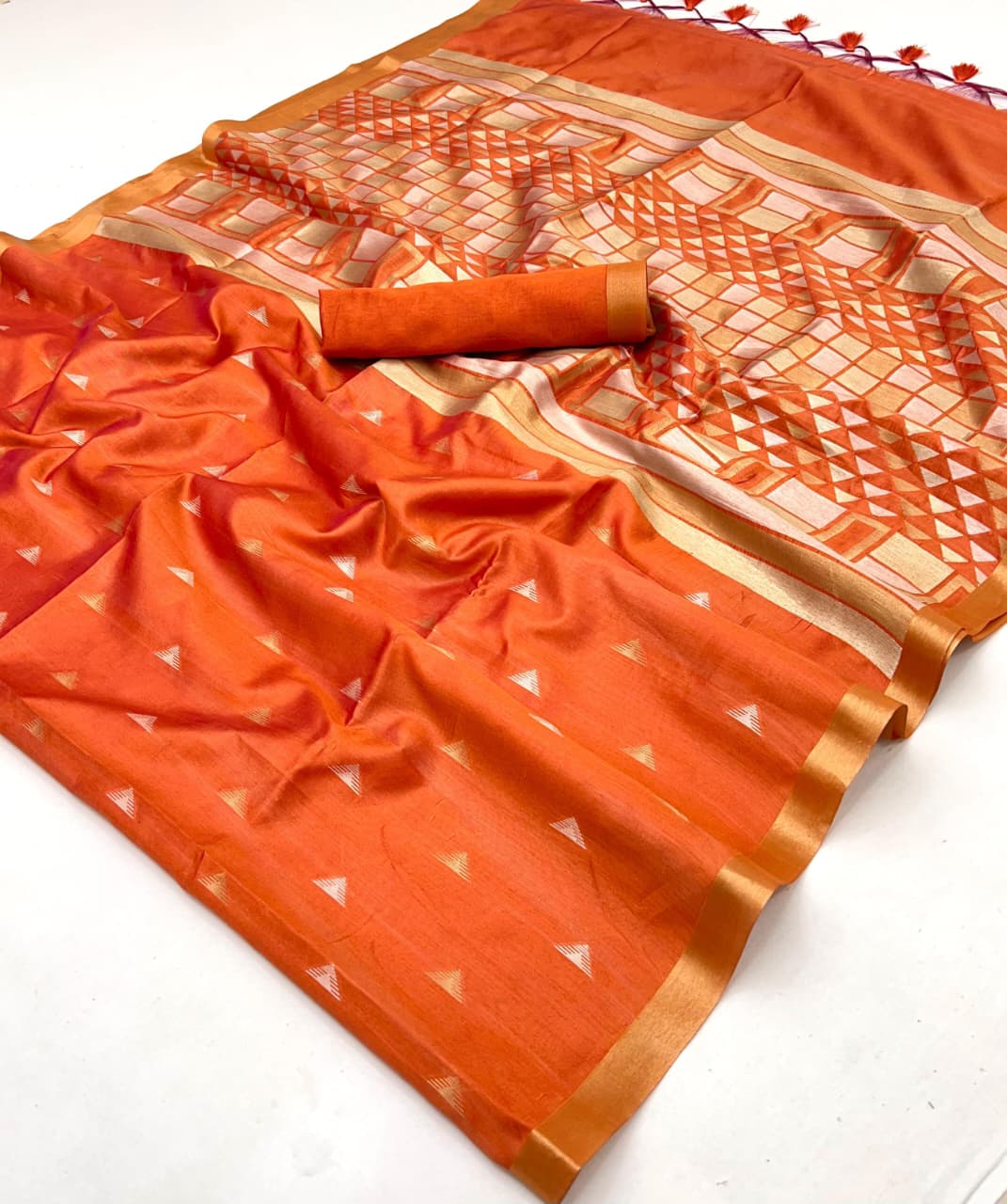 Orange Pure Tussar Silk Handloom Weaving Saree