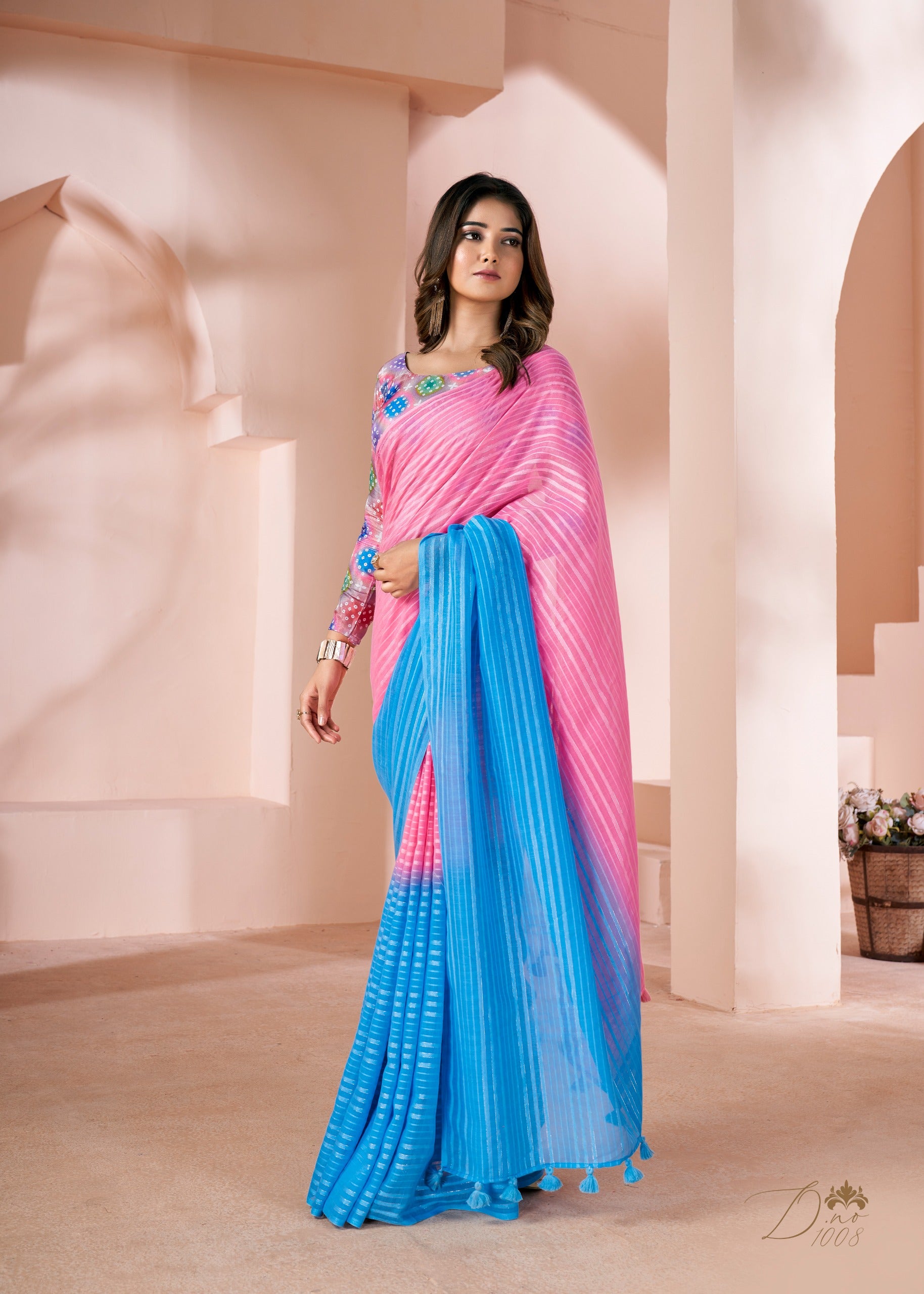 Pink Pure Soft Linen Shaded Print Saree