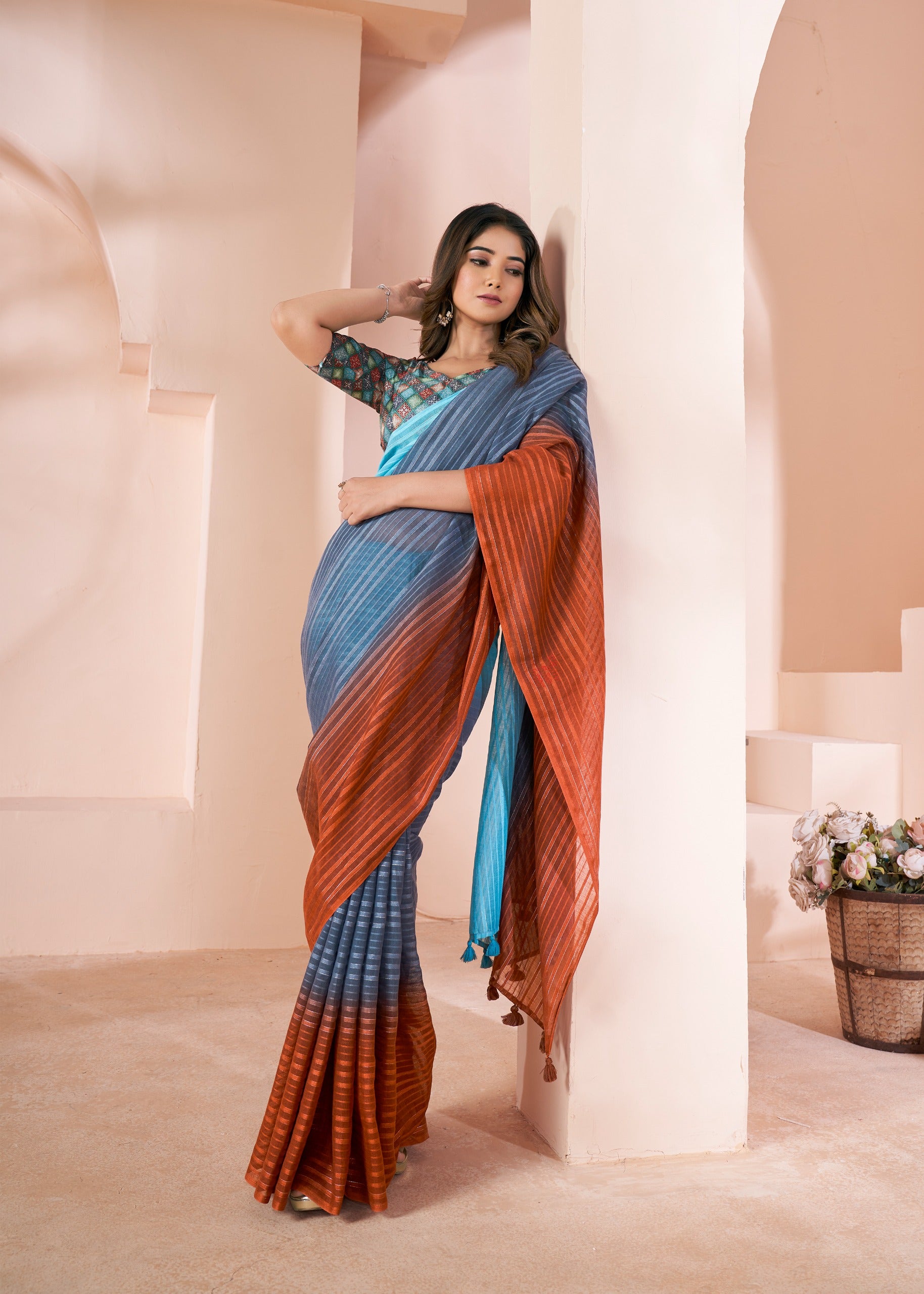 Grey Pure Soft Linen Shaded Print Saree