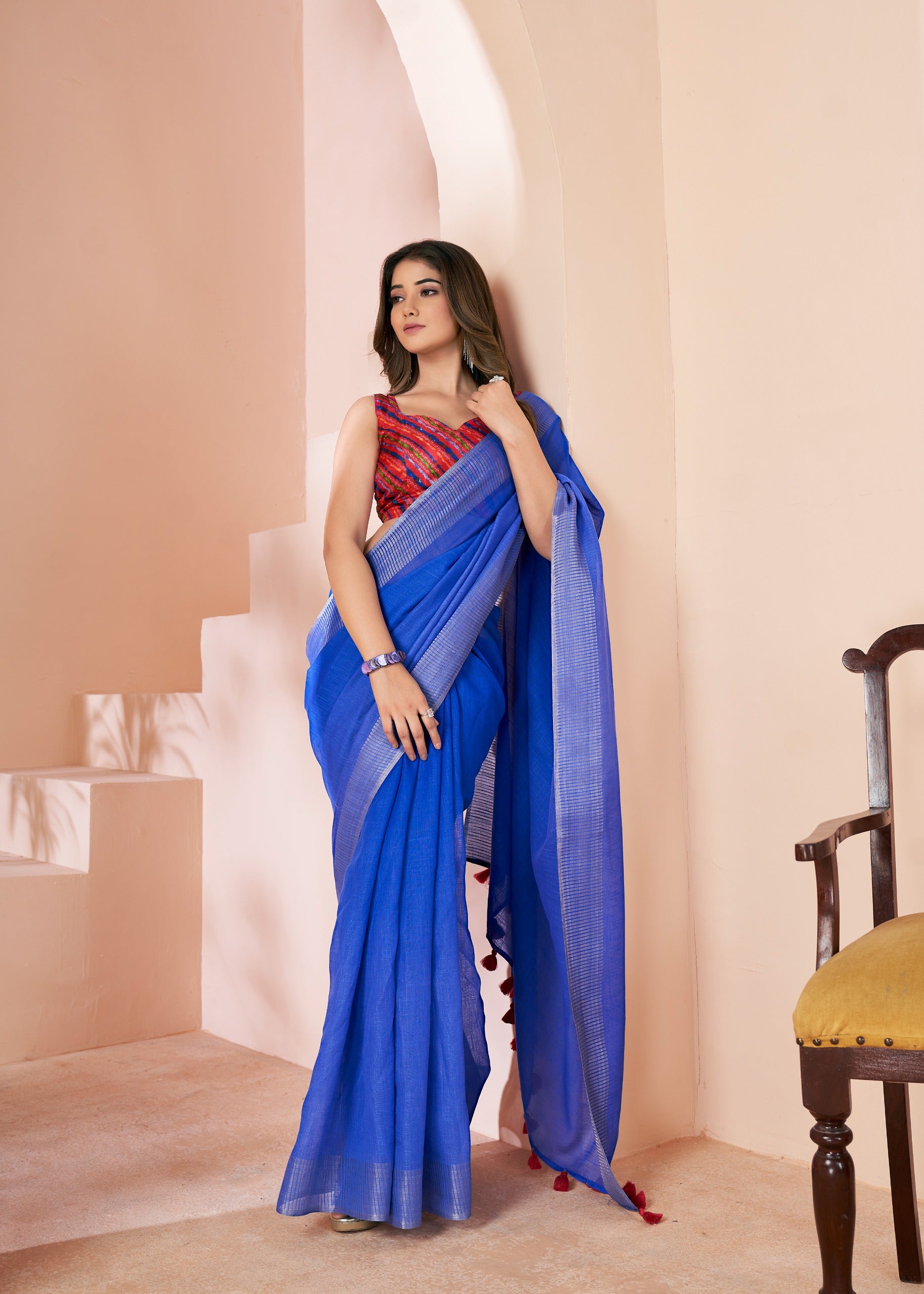 Blue Pure Soft Linen Shaded Print Saree