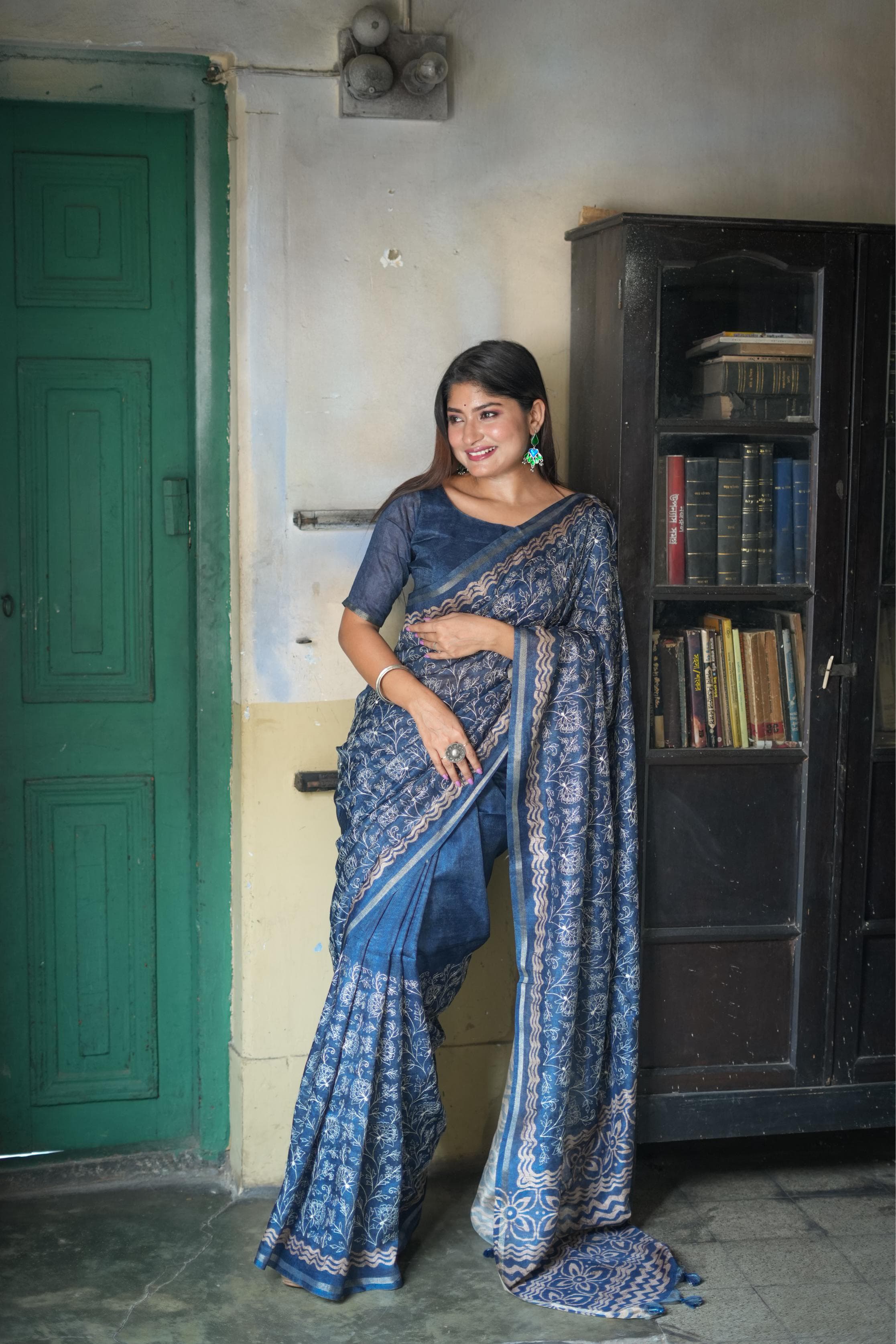 Blue Pure Tussar Silk Batik Print Tussar Saree