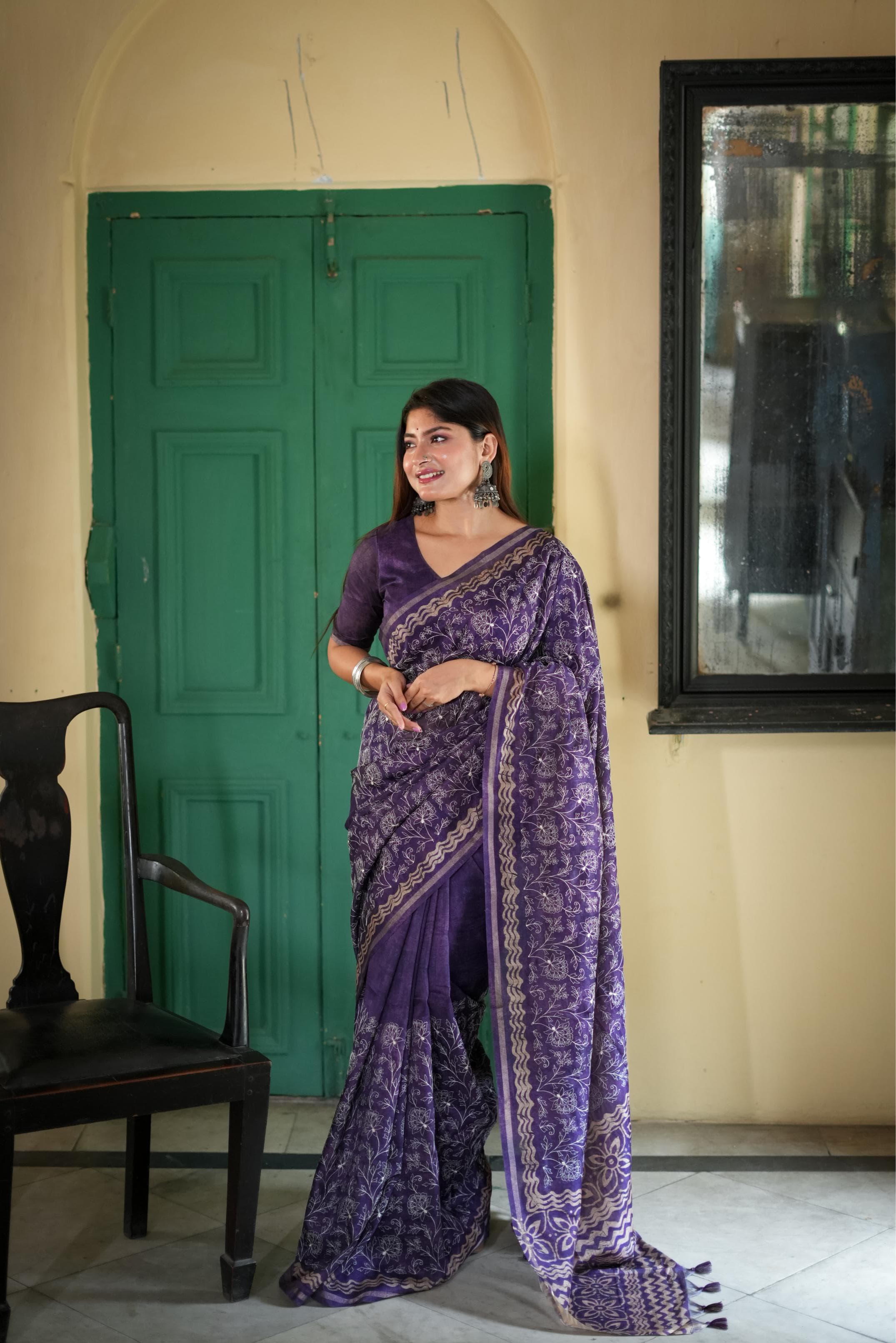 Purple Pure Tussar Silk Batik Print Tussar Saree