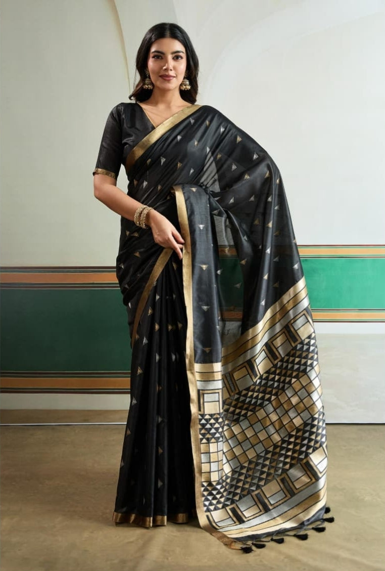Black Pure Tussar Silk Handloom Weaving Saree