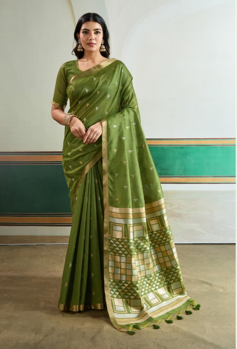 Green Pure Tussar Silk Handloom Weaving Saree