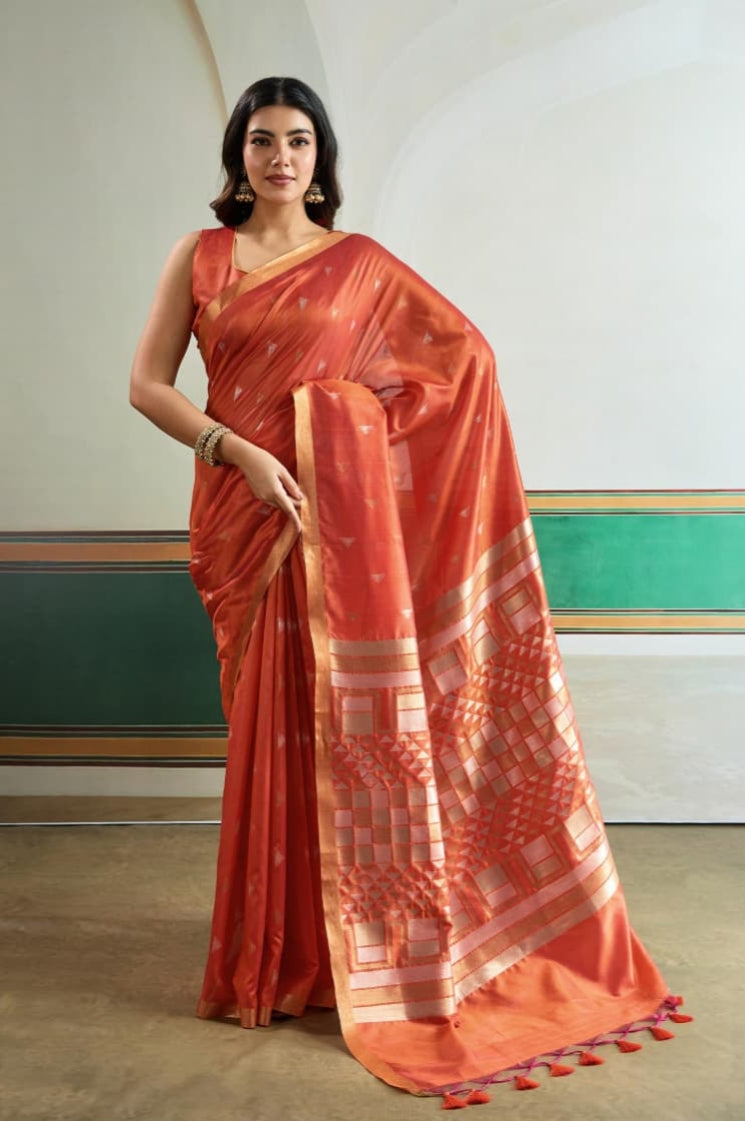Orange Pure Tussar Silk Handloom Weaving Saree