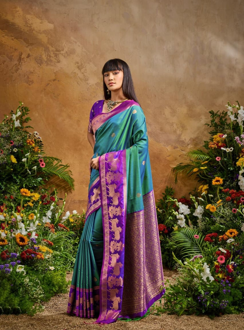 Sea Green Pure Tussar Silk Handloom Weaving Saree