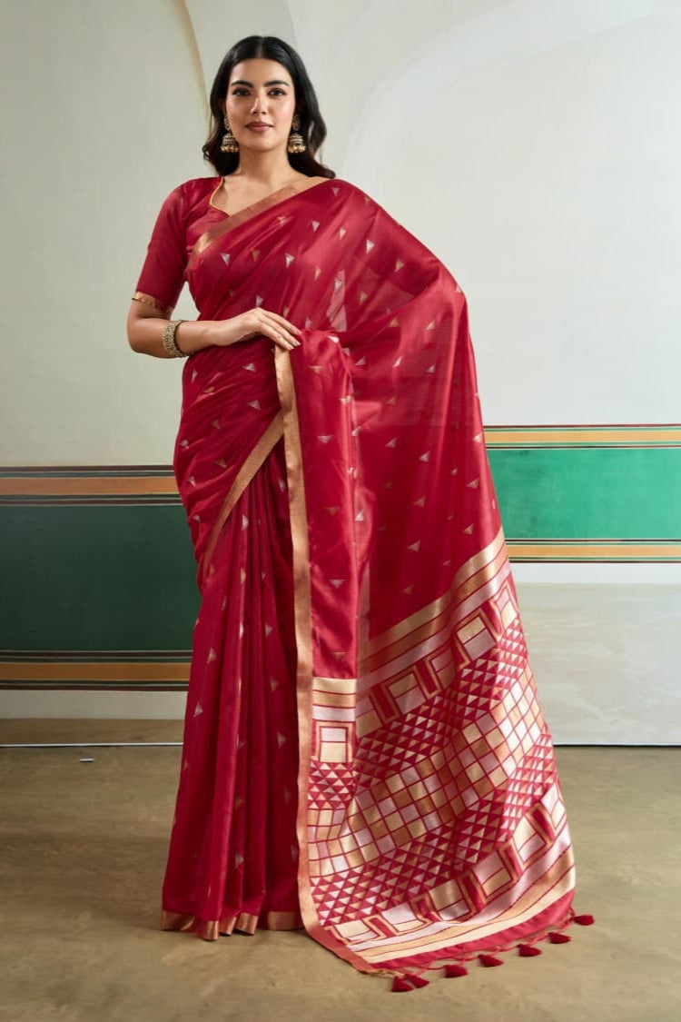 Red Pure Tussar Silk Handloom Weaving Saree