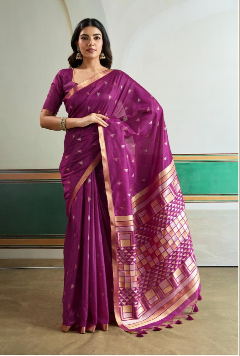 Purple Pure Tussar Silk Handloom Weaving Saree