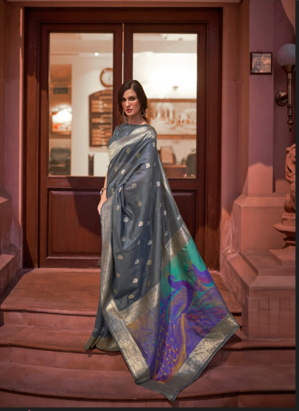 Grey Pure Kswara Silk Handloom Weaving Saree