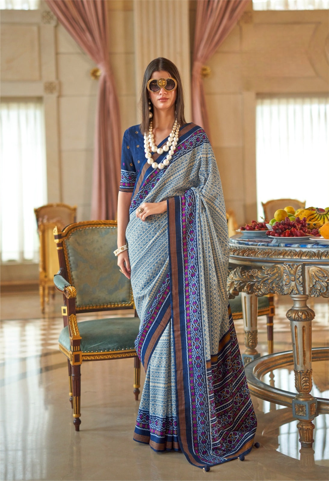 Blue Pure Soft P.V Silk With Ikkat Silk Saree