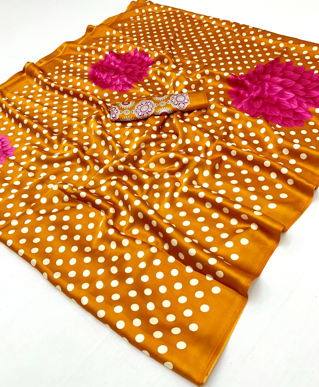 Yellow Pure Modal Satin Ajrakh Print Satin Saree Japan Satin Saree Anant Tex Exports Pvt.Ltd..