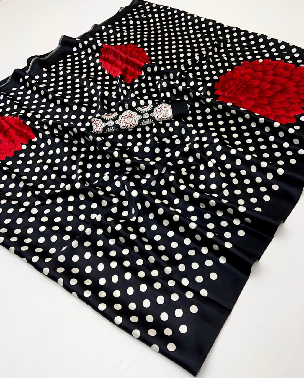 Black Pure Modal Satin Ajrakh Print Satin Saree Japan Satin Saree Anant Tex Exports Pvt.Ltd..