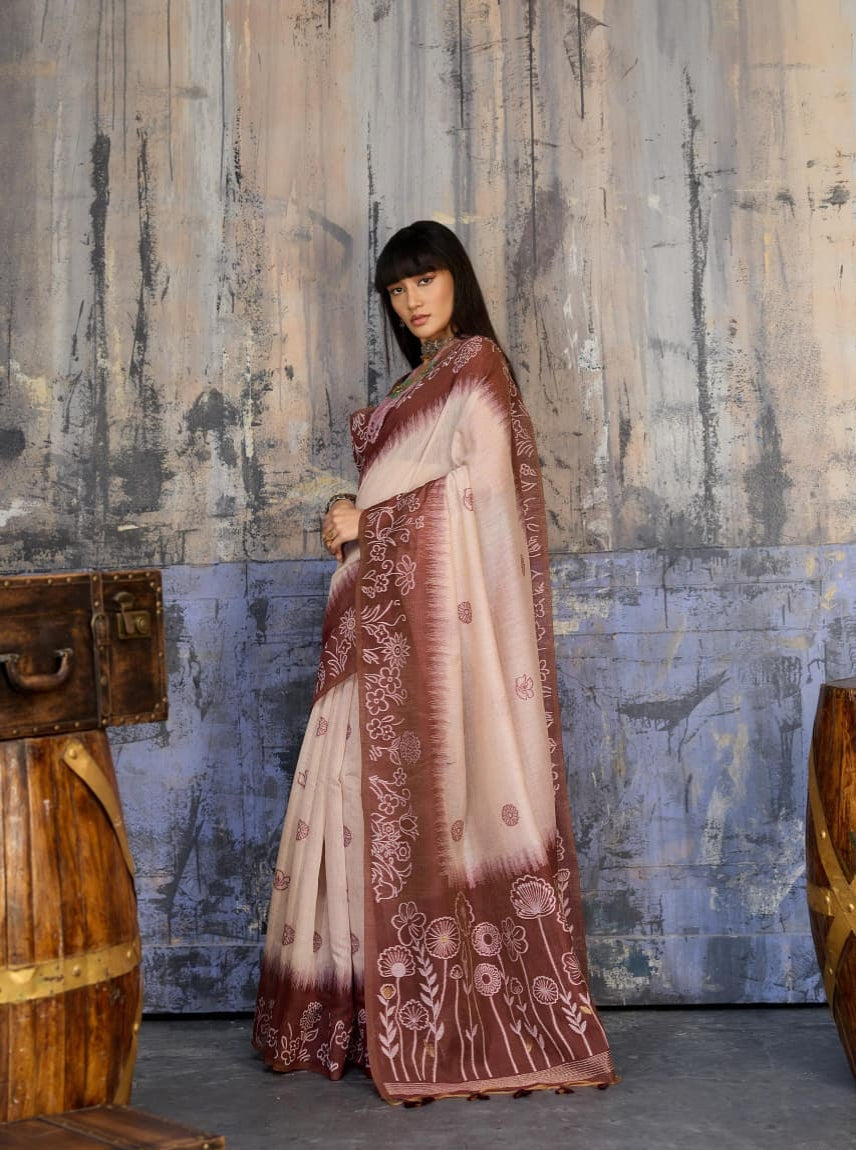 Brown Pure Soft Munga Handloom Weaving Cotton Saree