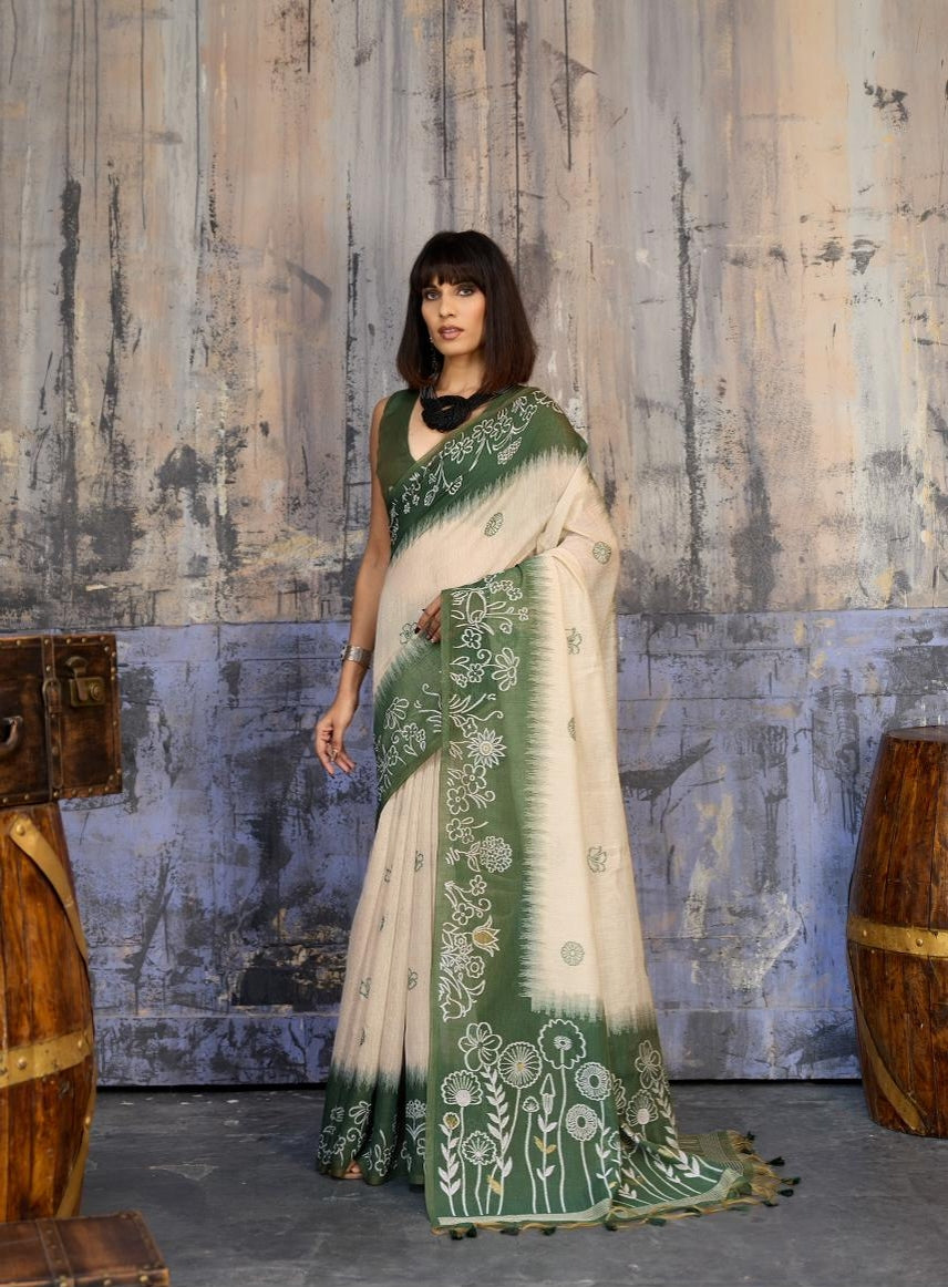 Green Pure Soft Munga Handloom Weaving Cotton Saree