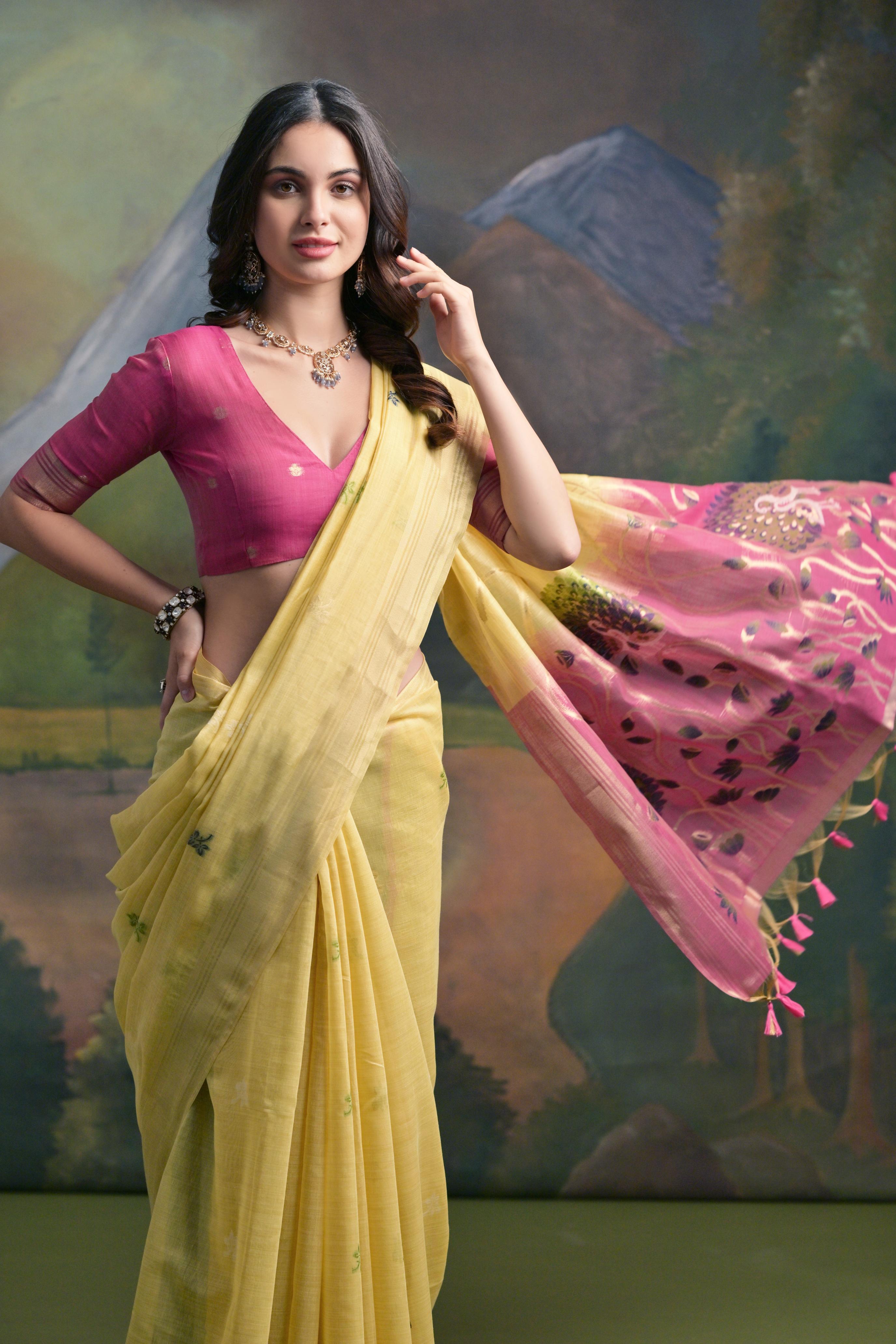 Lemon Yellow Pure Soft Munga Handloom Weaving Cotton Saree