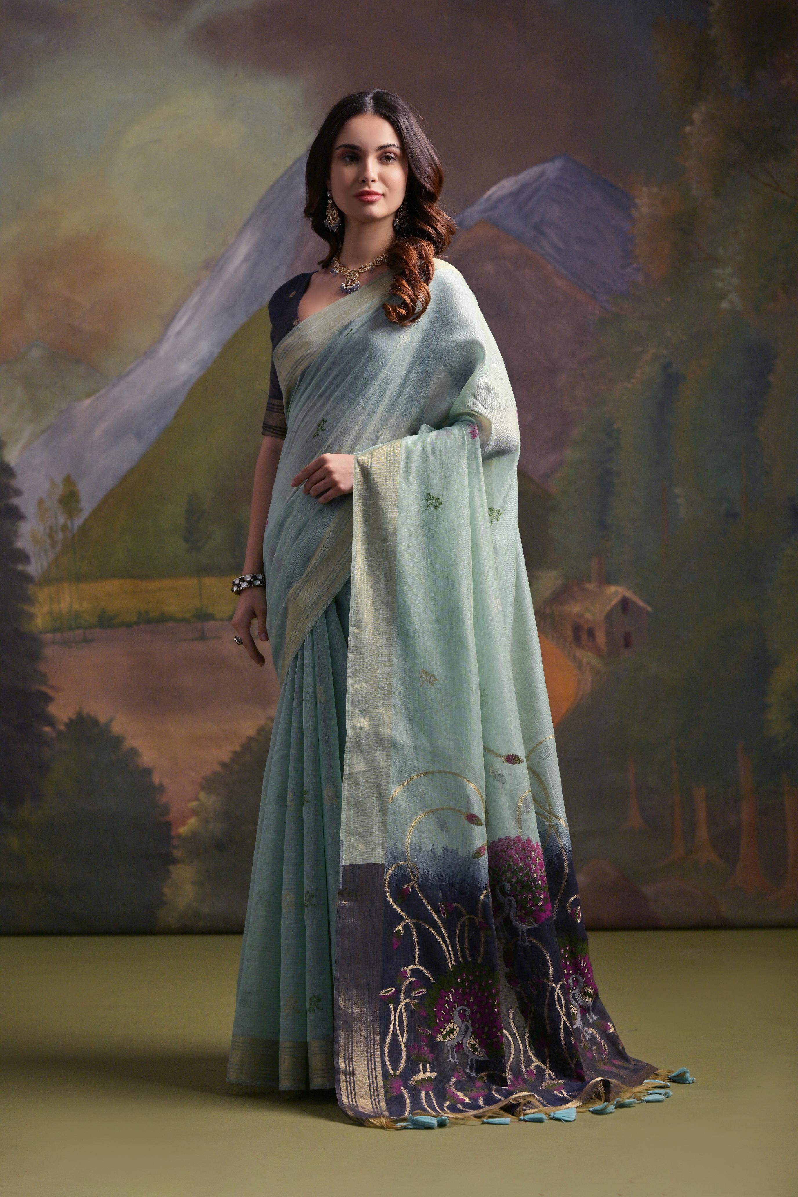 Arctic Blue Pure Soft Munga Handloom Weaving Cotton Saree