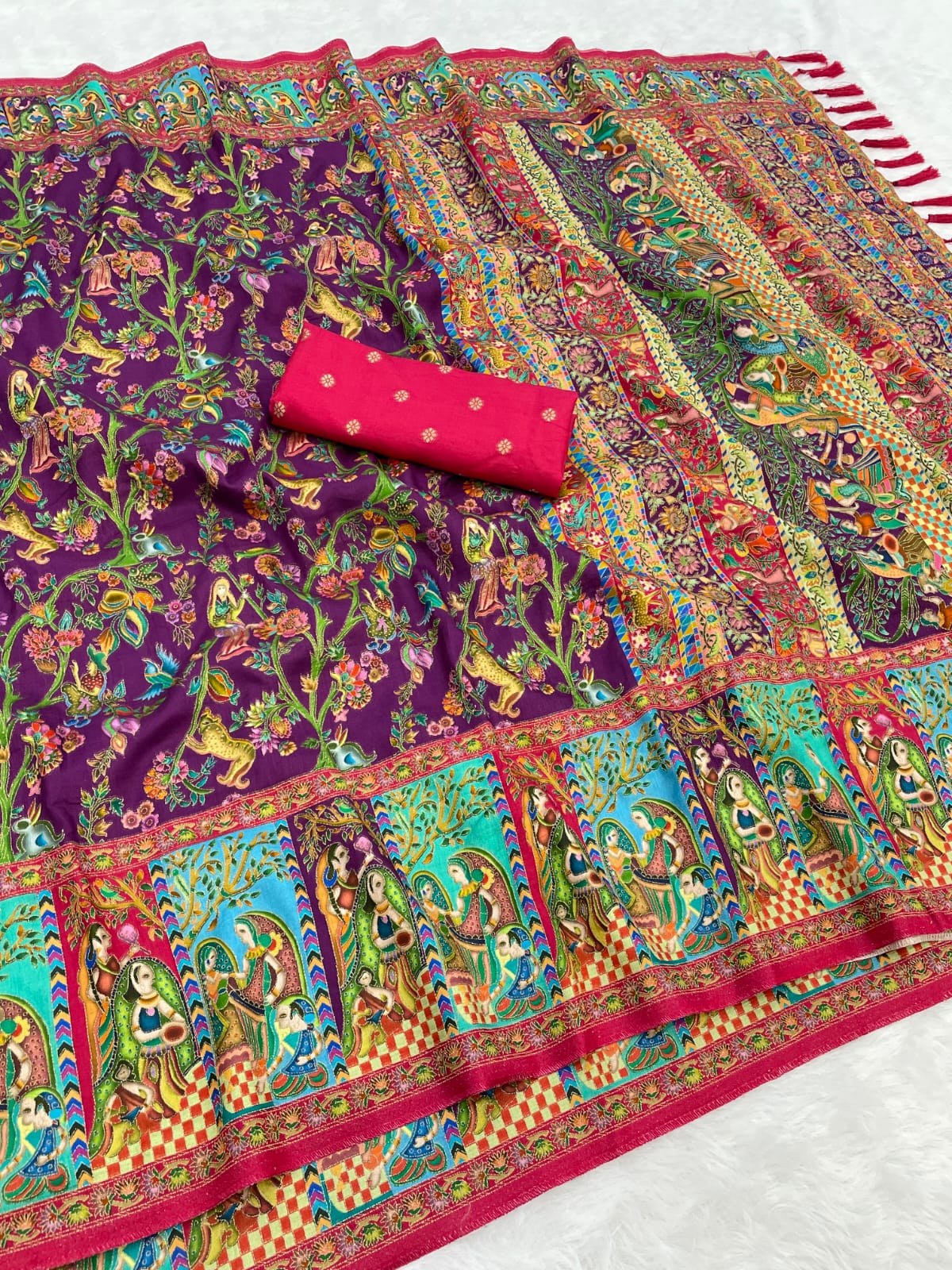 Wine Pure Viscose Silk Position Printed Traditional Saree