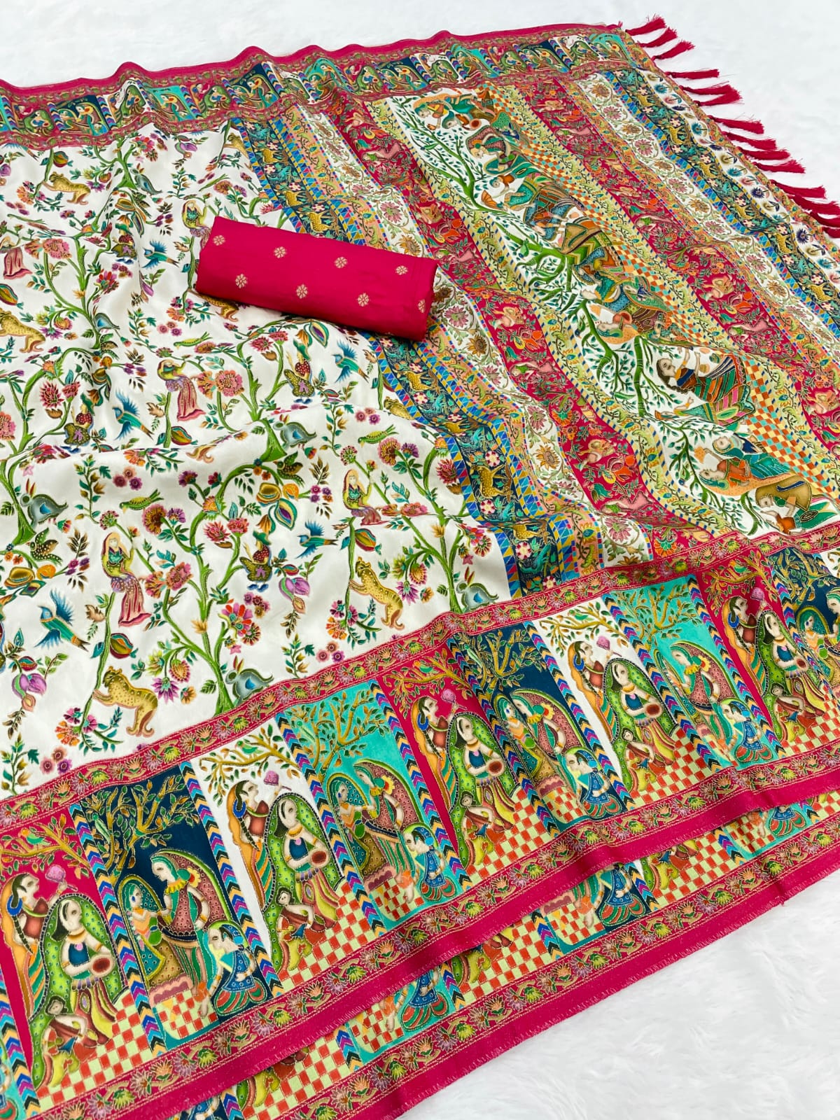 White Pure Viscose Silk Position Printed Traditional Saree