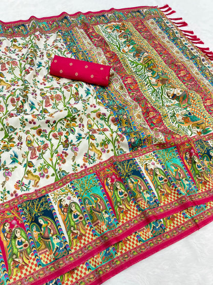 White Pure Viscose Silk Position Printed Traditional Saree Soft Silk Saree Anant Tex Exports Pvt.Ltd..