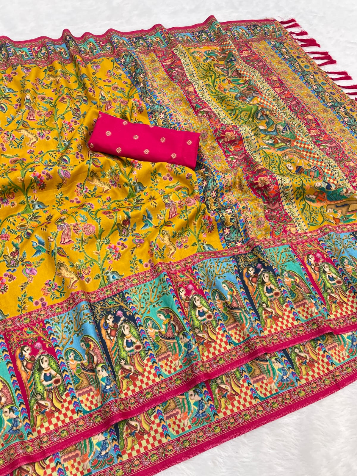 Mustard Pure Viscose Silk Position Printed Traditional Saree