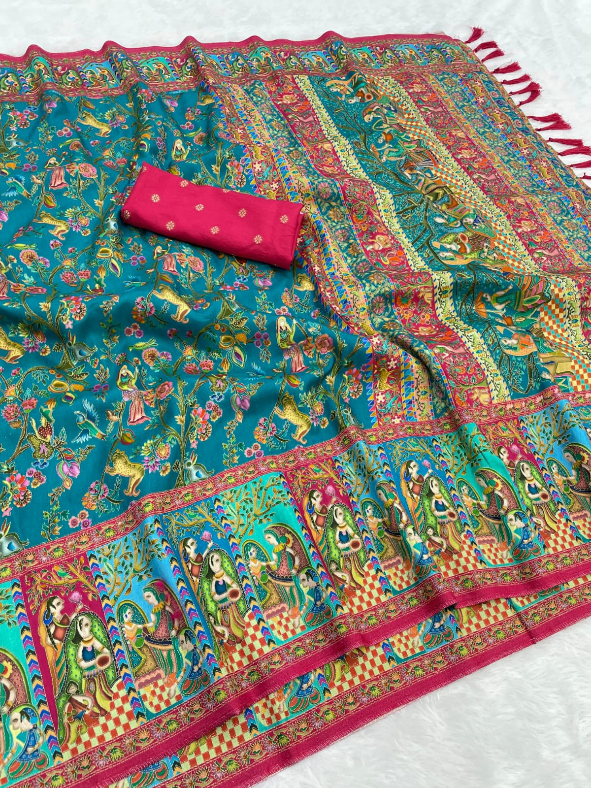 Rama Blue Pure Viscose Silk Position Printed Traditional Saree