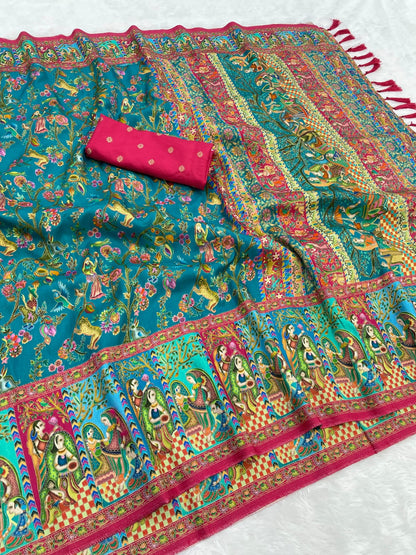 Rama Blue Pure Viscose Silk Position Printed Traditional Saree Soft Silk Saree Anant Tex Exports Pvt.Ltd..