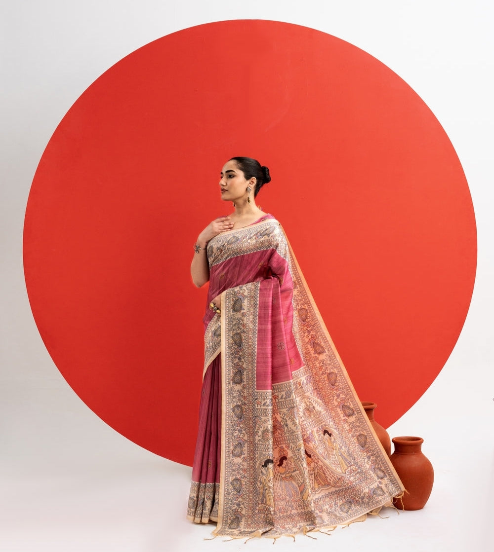 Pink Pure Tussar Madhubani Pallu Tussar Silk Saree