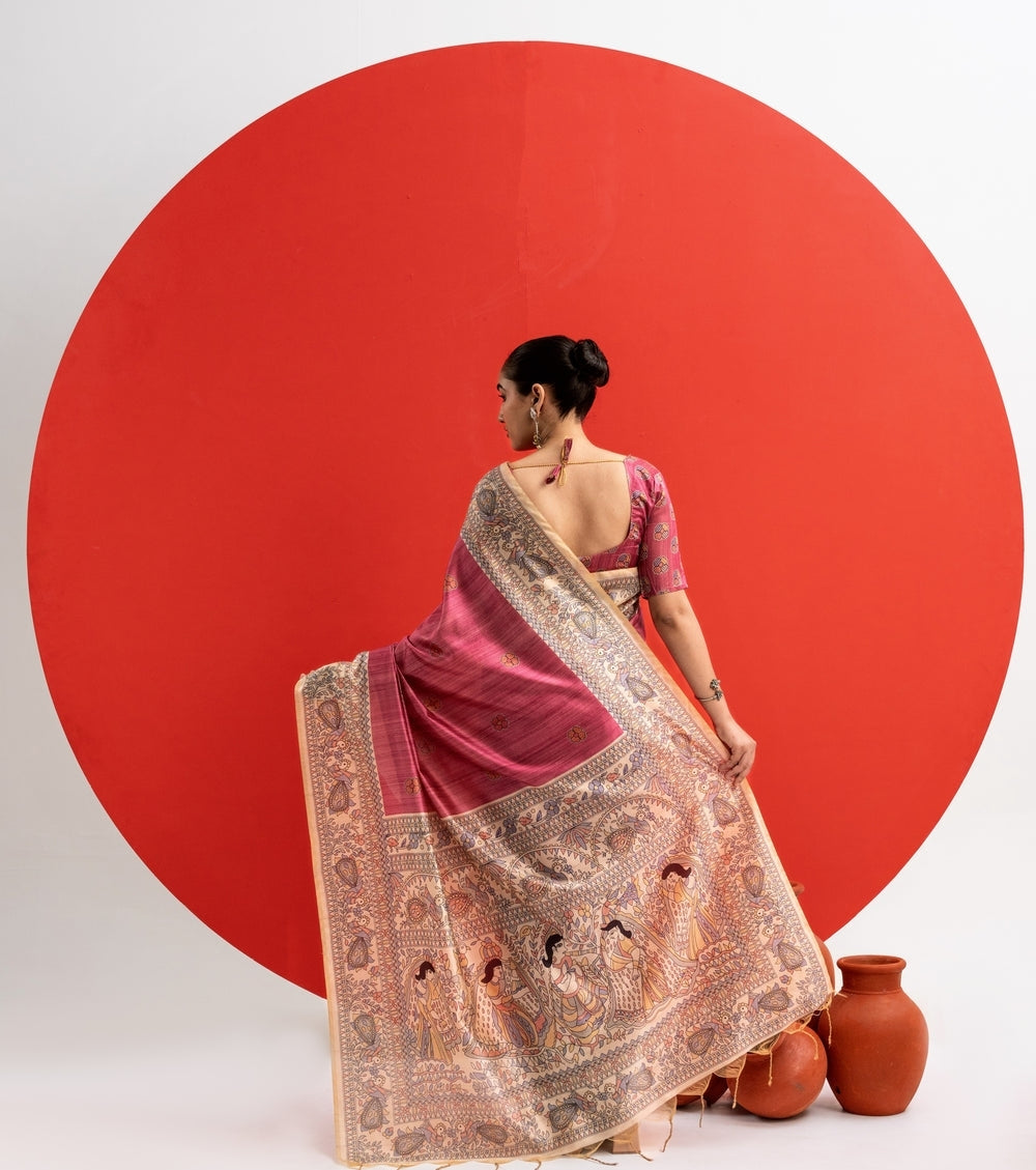 Pink Pure Tussar Madhubani Pallu Tussar Silk Saree