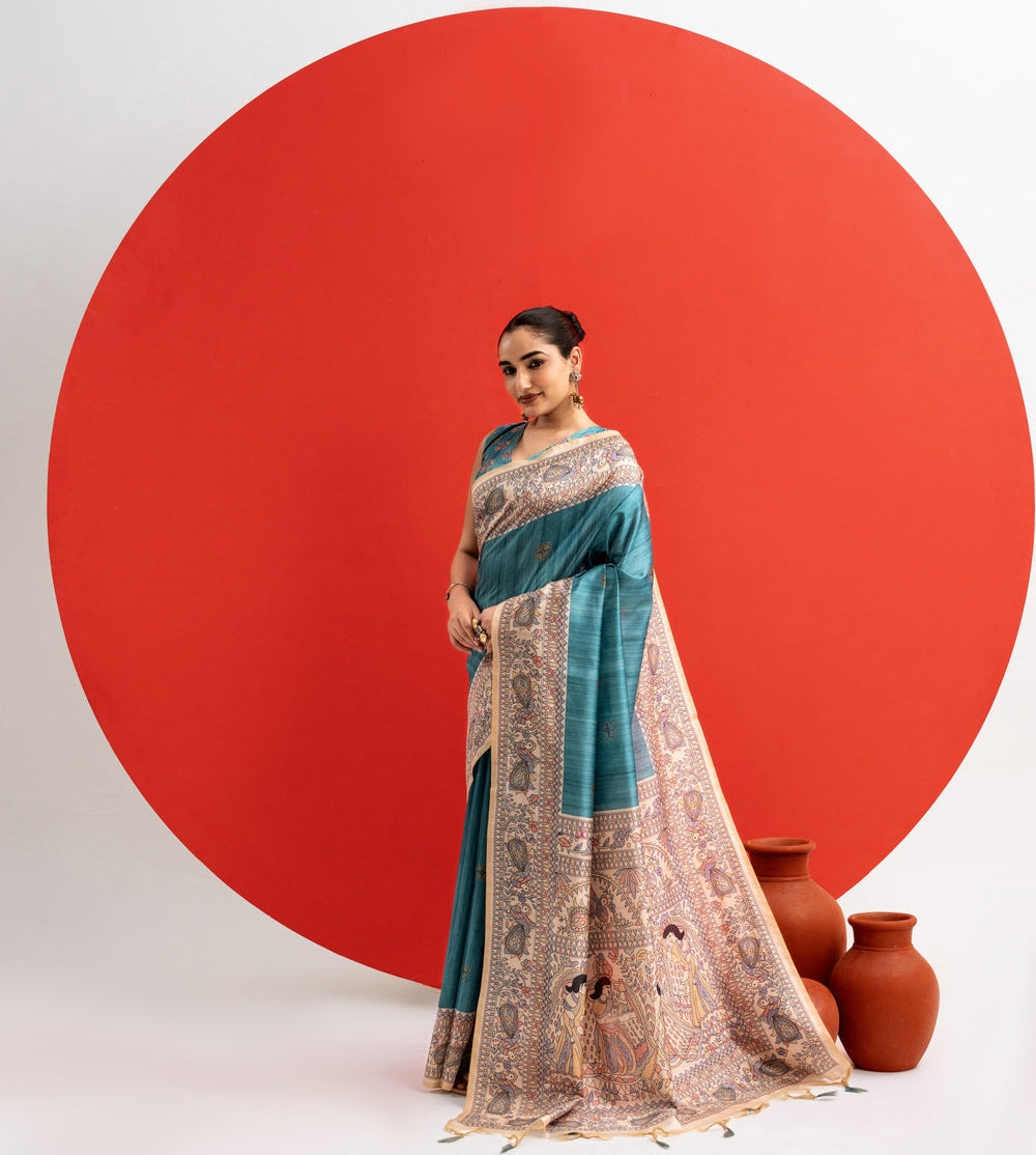 Firozi Pure Tussar Madhubani Pallu Tussar Silk Saree