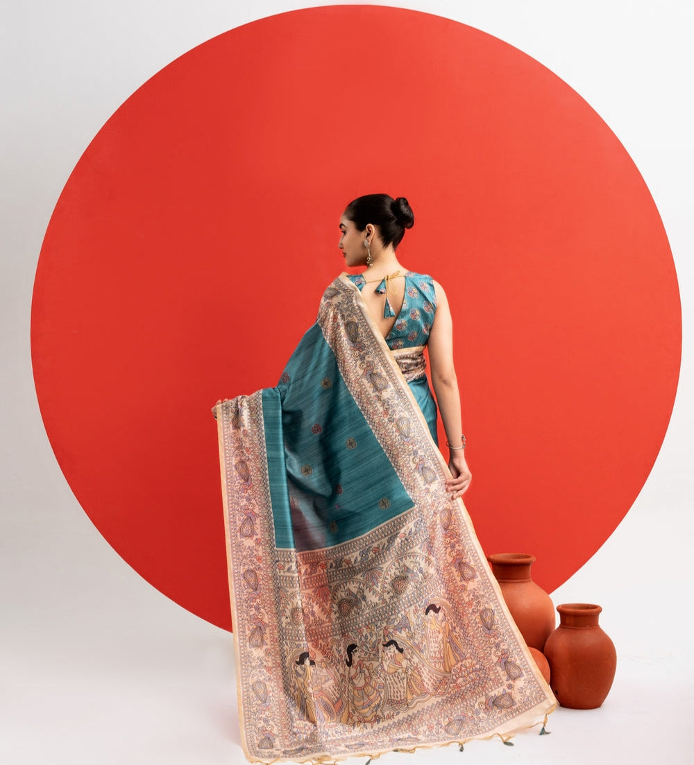 Firozi Pure Tussar Madhubani Pallu Tussar Silk Saree