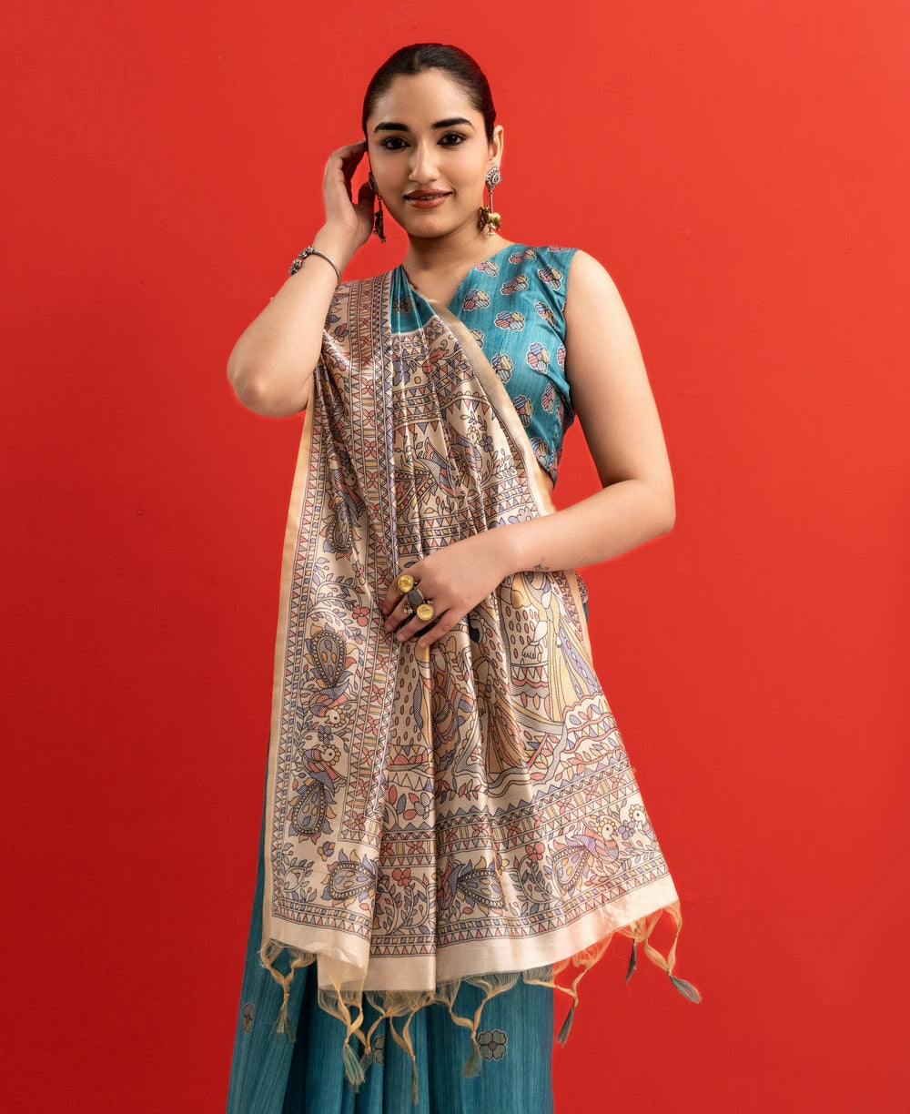 Firozi Pure Tussar Madhubani Pallu Tussar Silk Saree