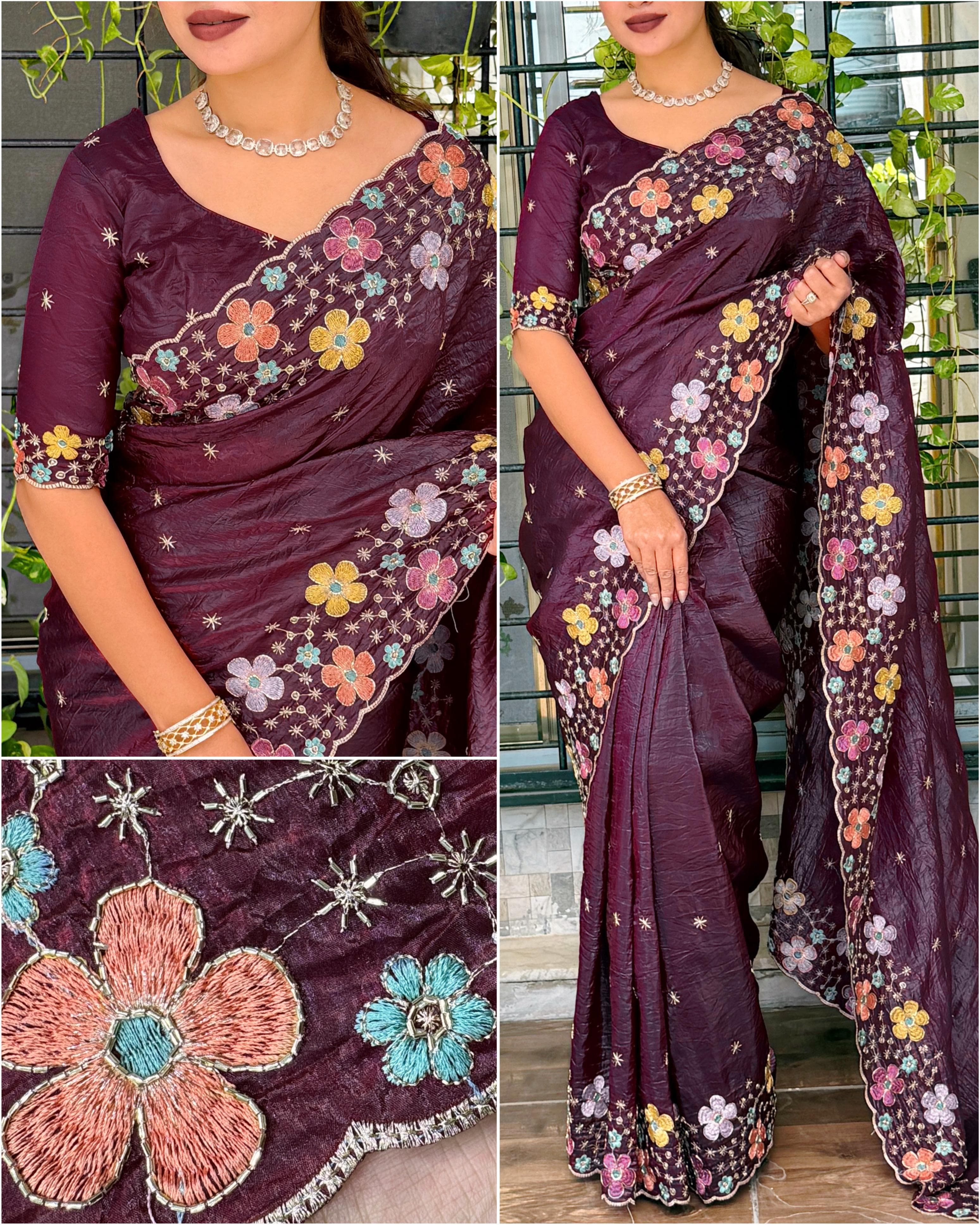 Wine Pure Soft Sufi Silk Saree