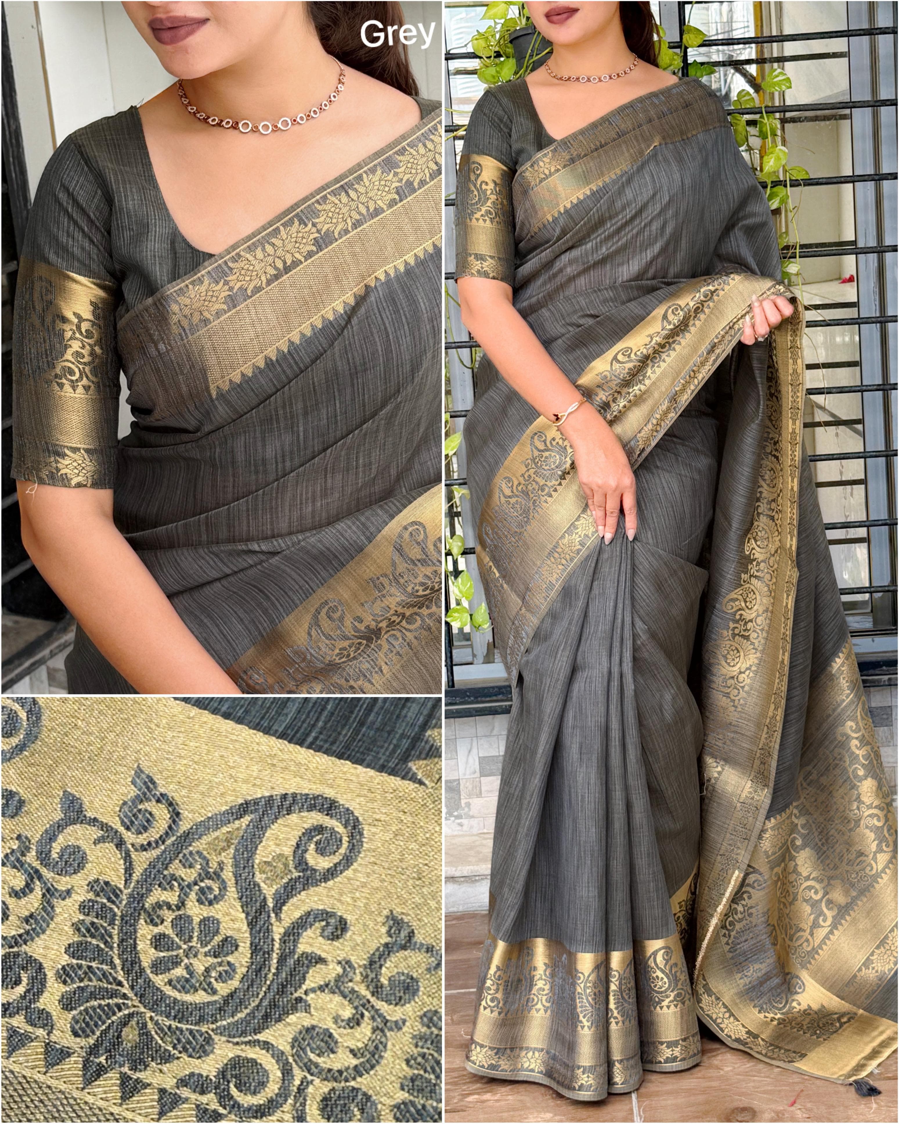 Grey Pure Soft Assam Silk Saree