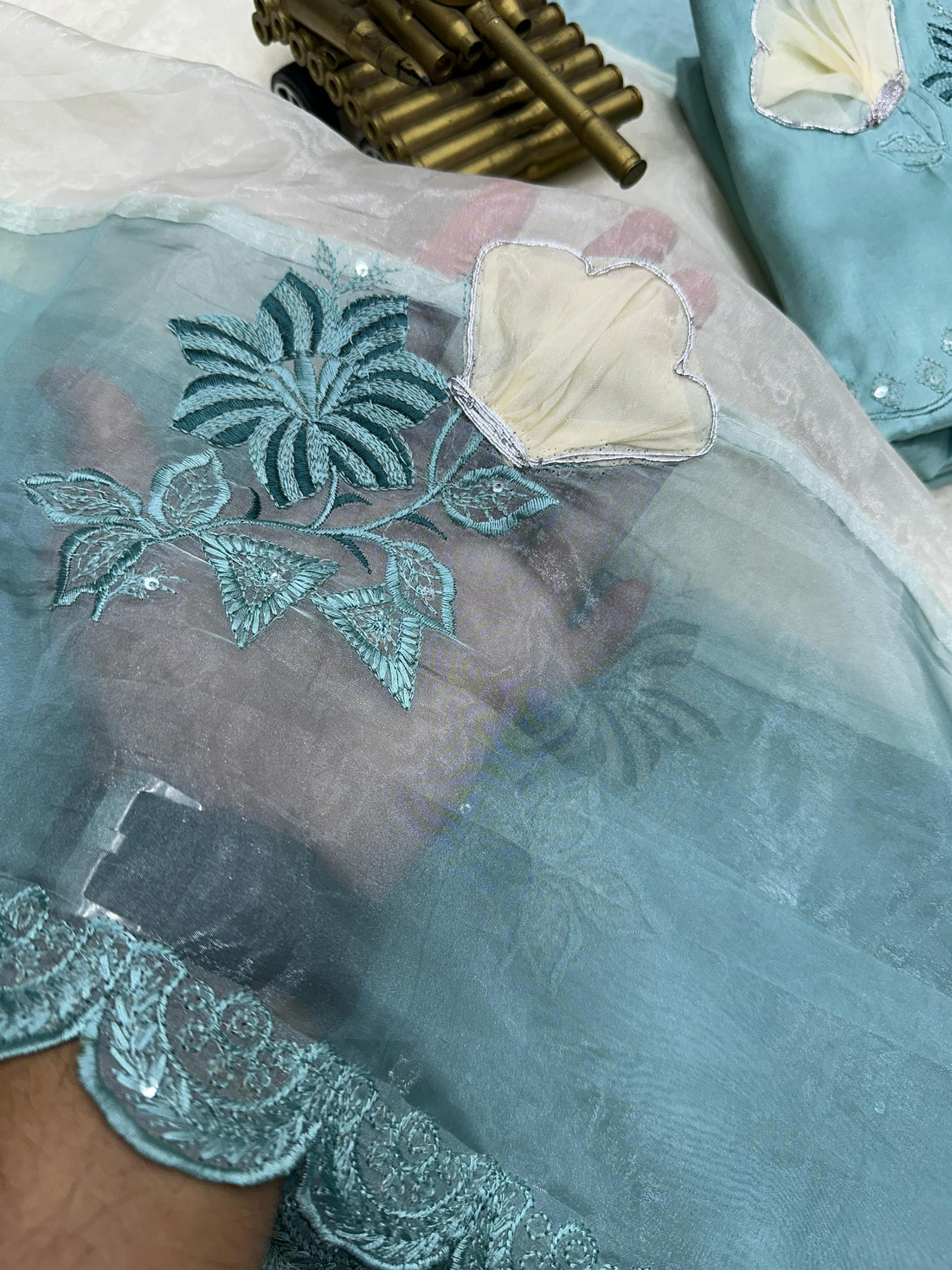 Sky Pure Organza Crystal Embroidery Organza Saree Tissue Saree Anant Tex Exports Pvt.Ltd..