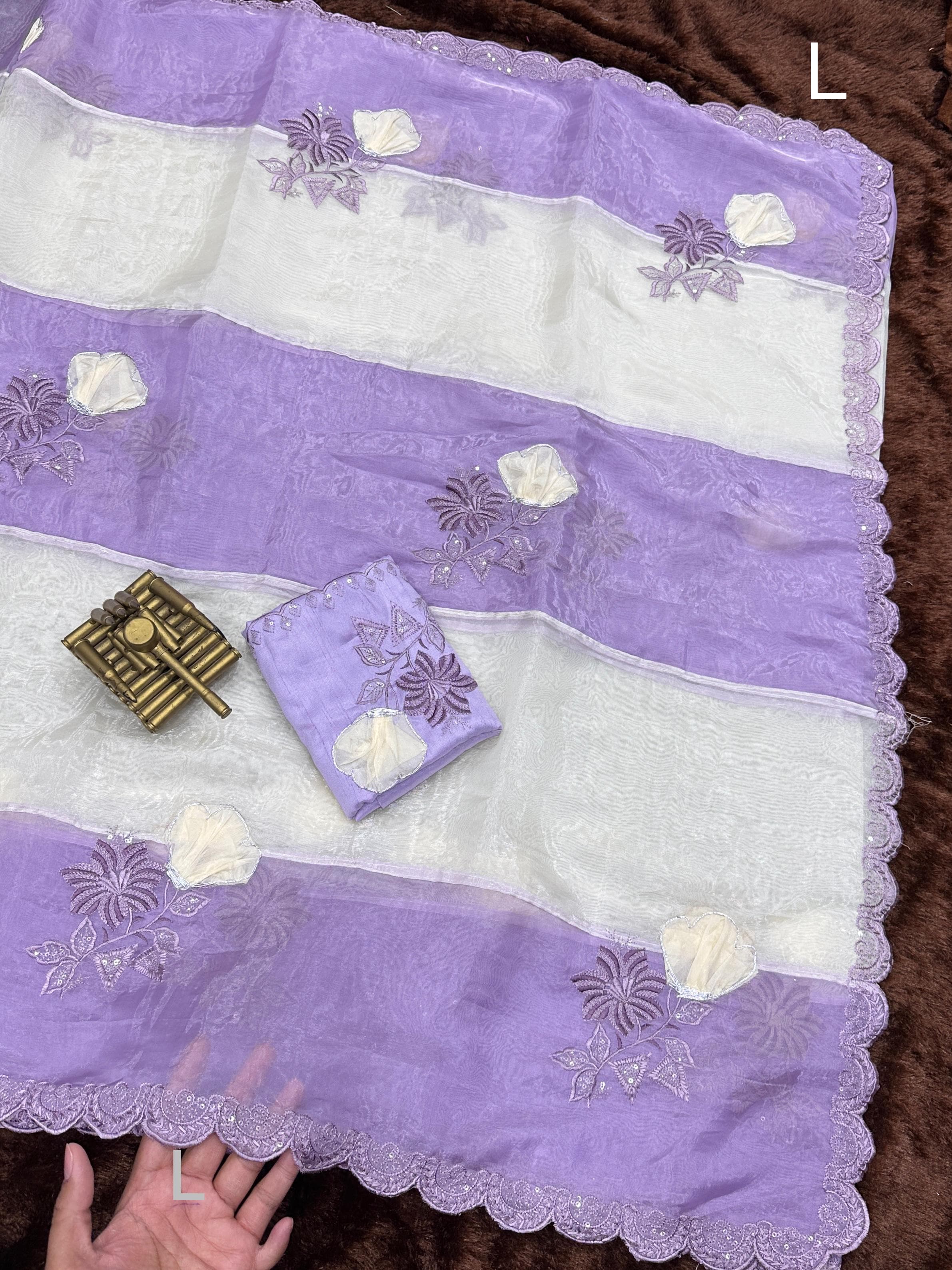 Lavender Pure Organza Crystal Embroidery Organza Saree