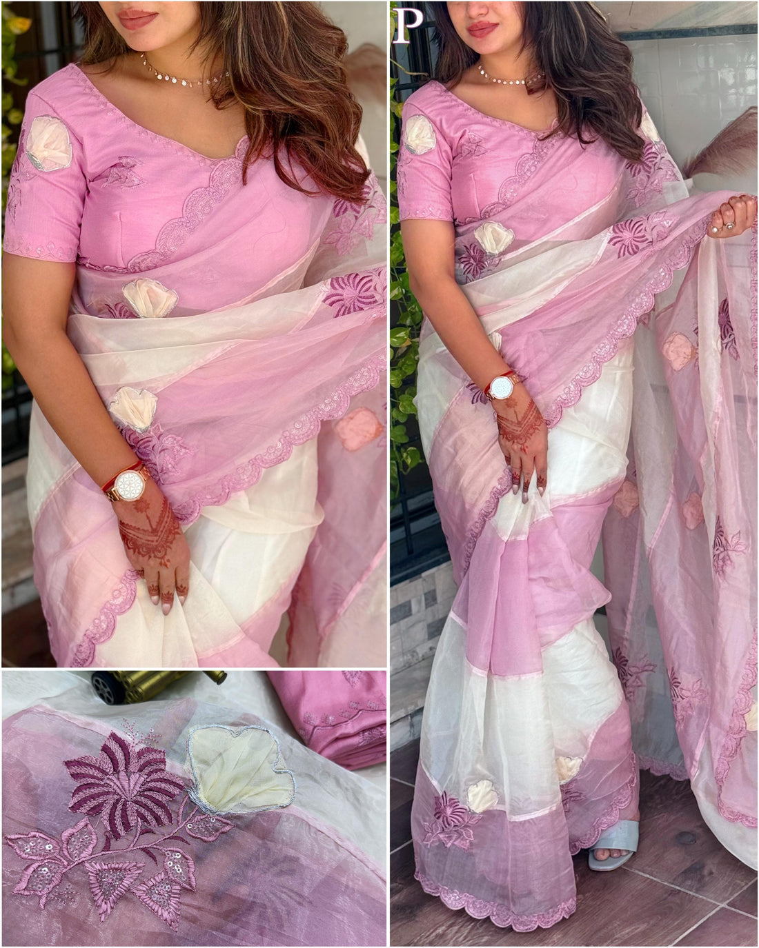 Pink Pure Organza Crystal Embroidery Organza Saree Tissue Saree Anant Tex Exports Pvt.Ltd..