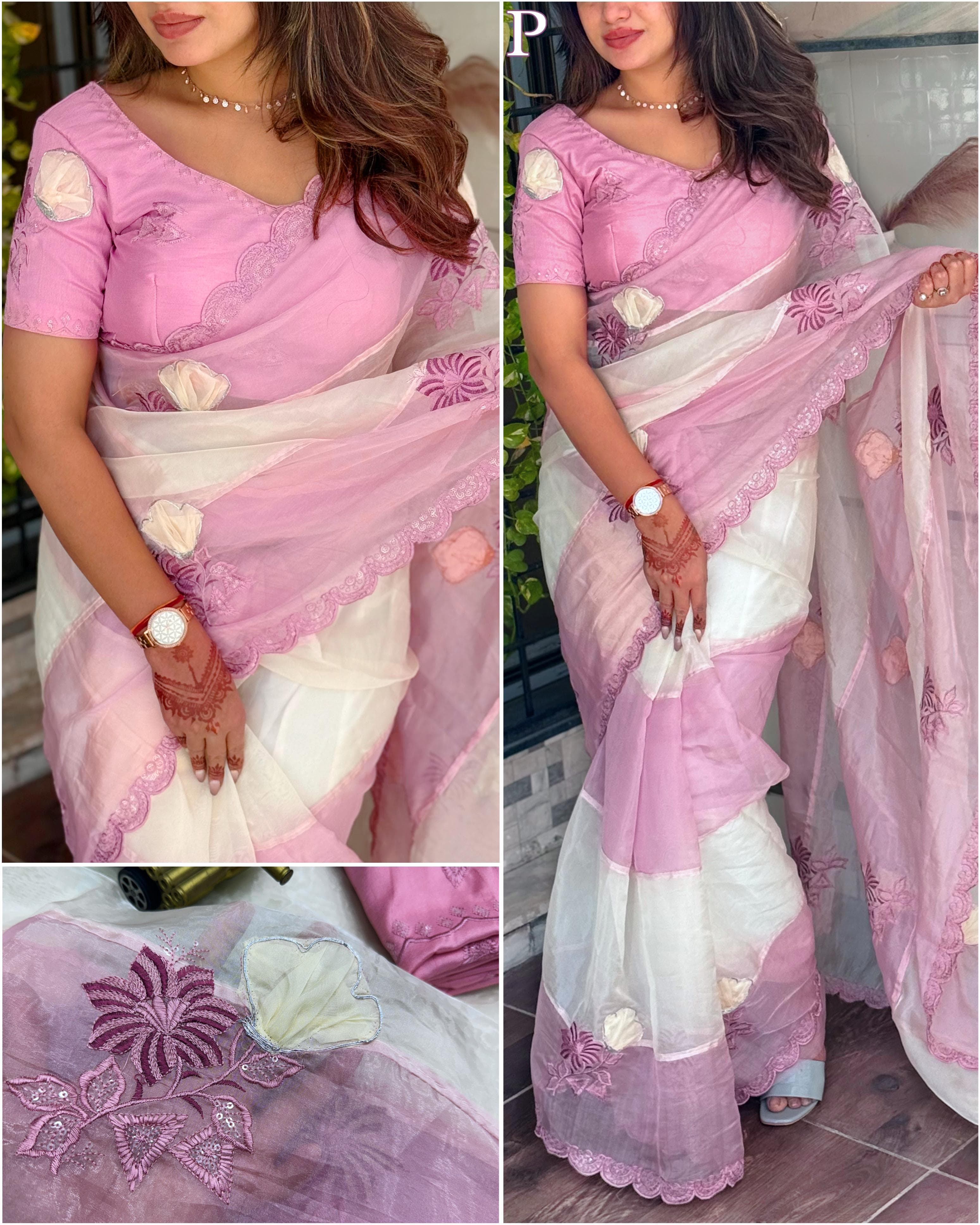Pink Pure Organza Crystal Embroidery Organza Saree