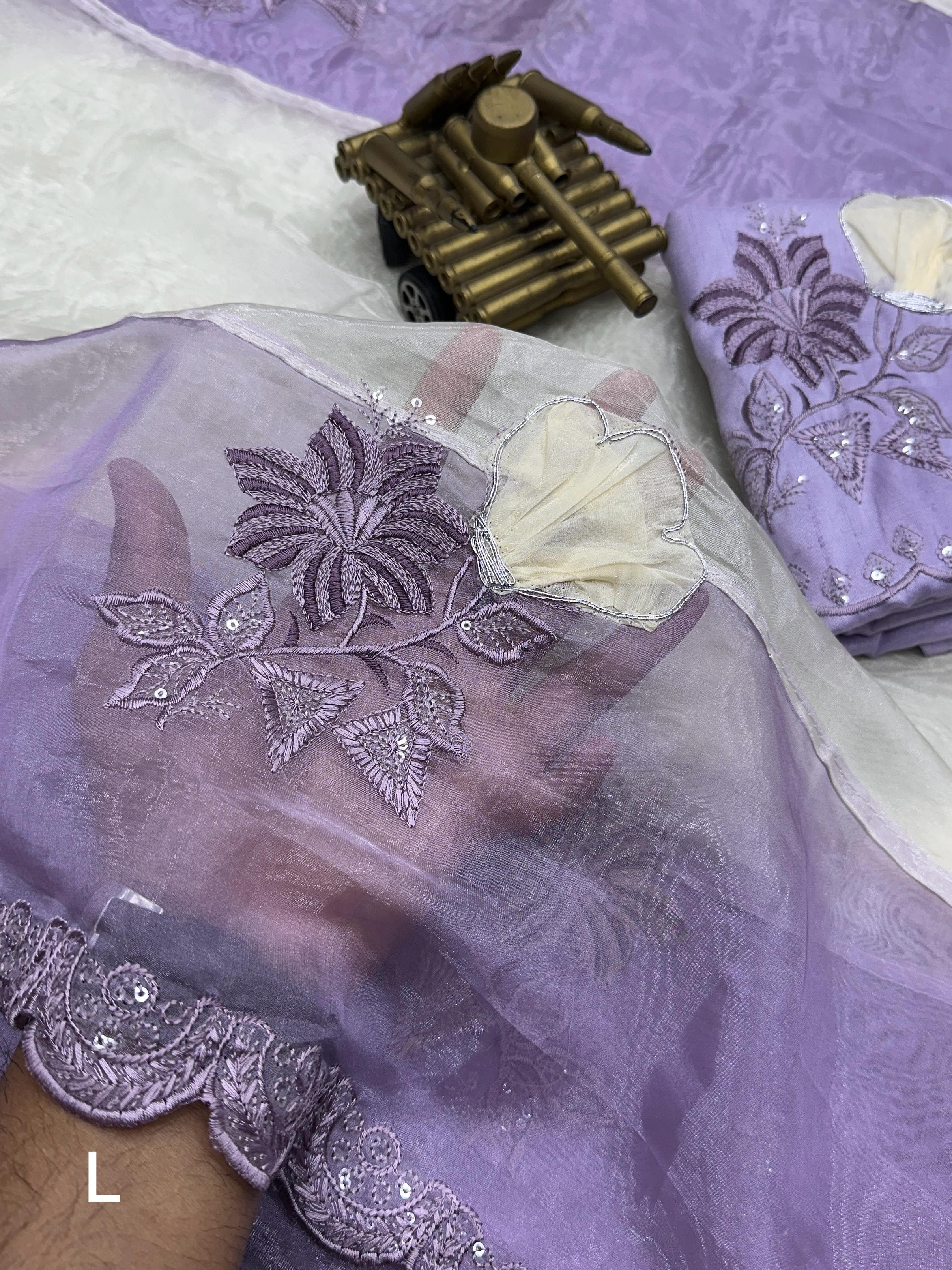 Lavender Pure Organza Crystal Embroidery Organza Saree