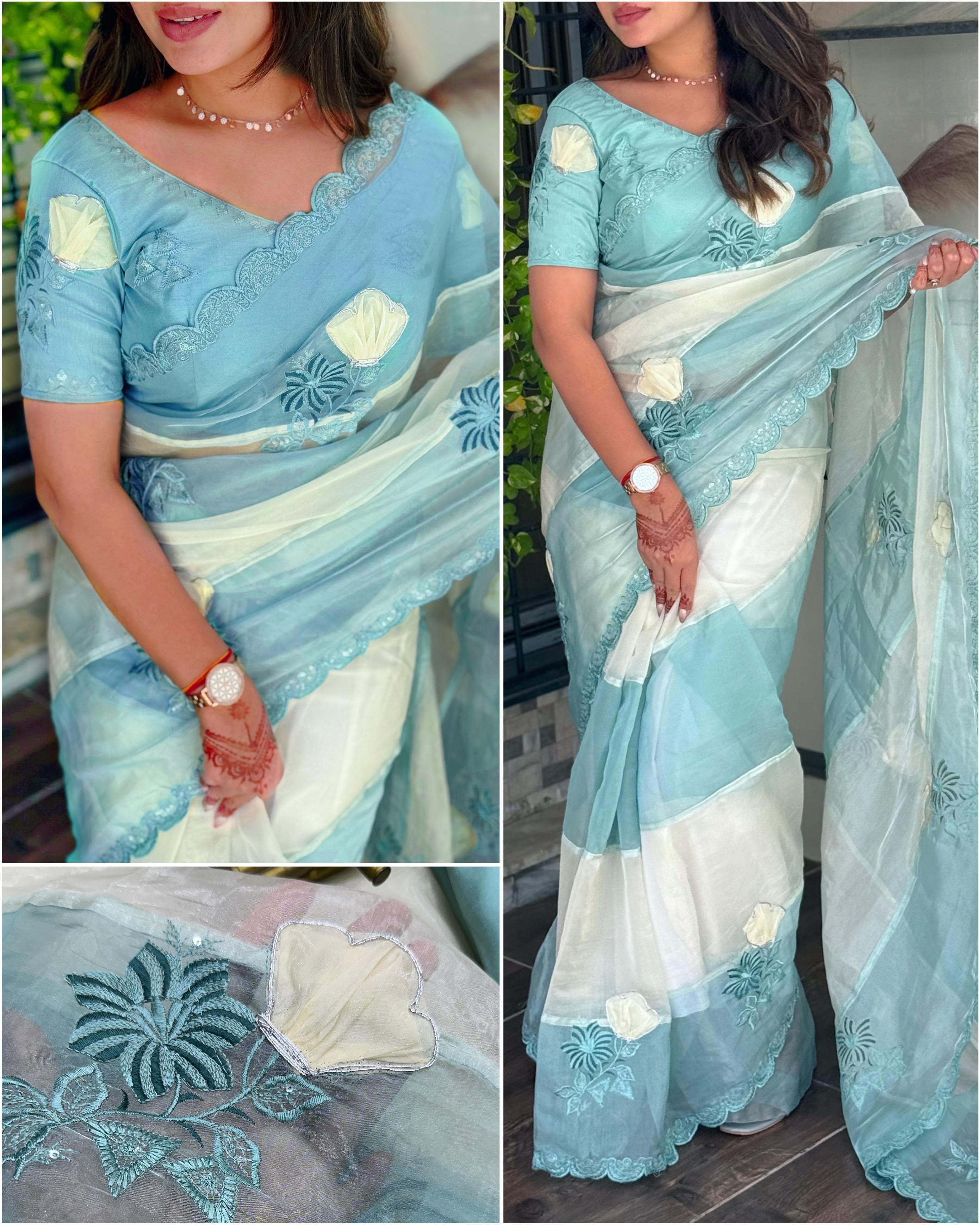 Sky Pure Organza Crystal Embroidery Organza Saree