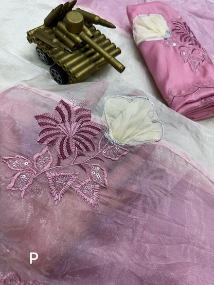 Pink Pure Organza Crystal Embroidery Organza Saree Tissue Saree Anant Tex Exports Pvt.Ltd..