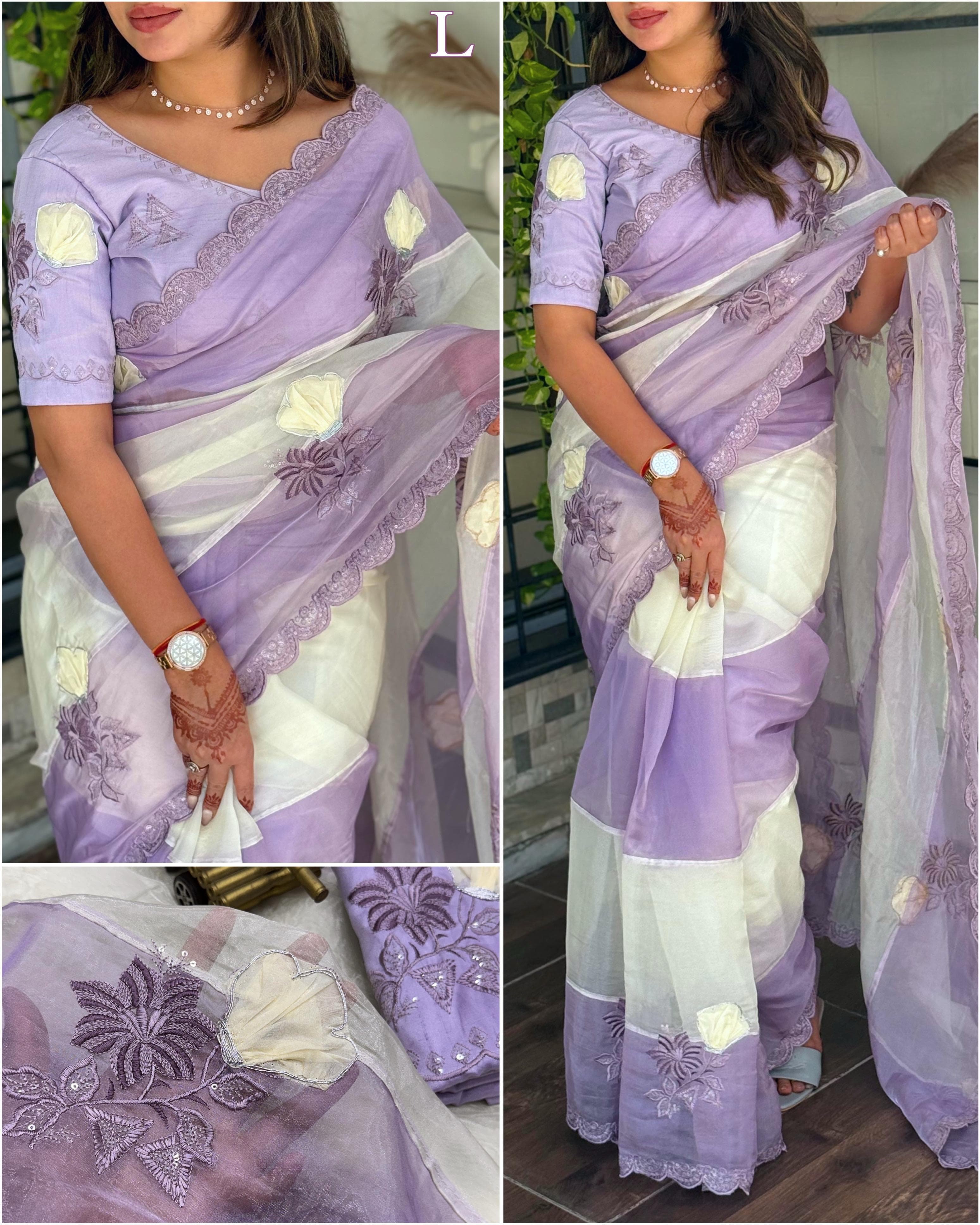 Lavender Pure Organza Crystal Embroidery Organza Saree