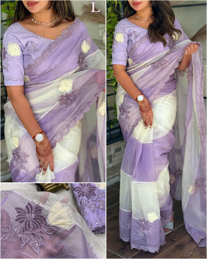 Lavender Pure Organza Crystal Embroidery Organza Saree Tissue Saree Anant Tex Exports Pvt.Ltd..