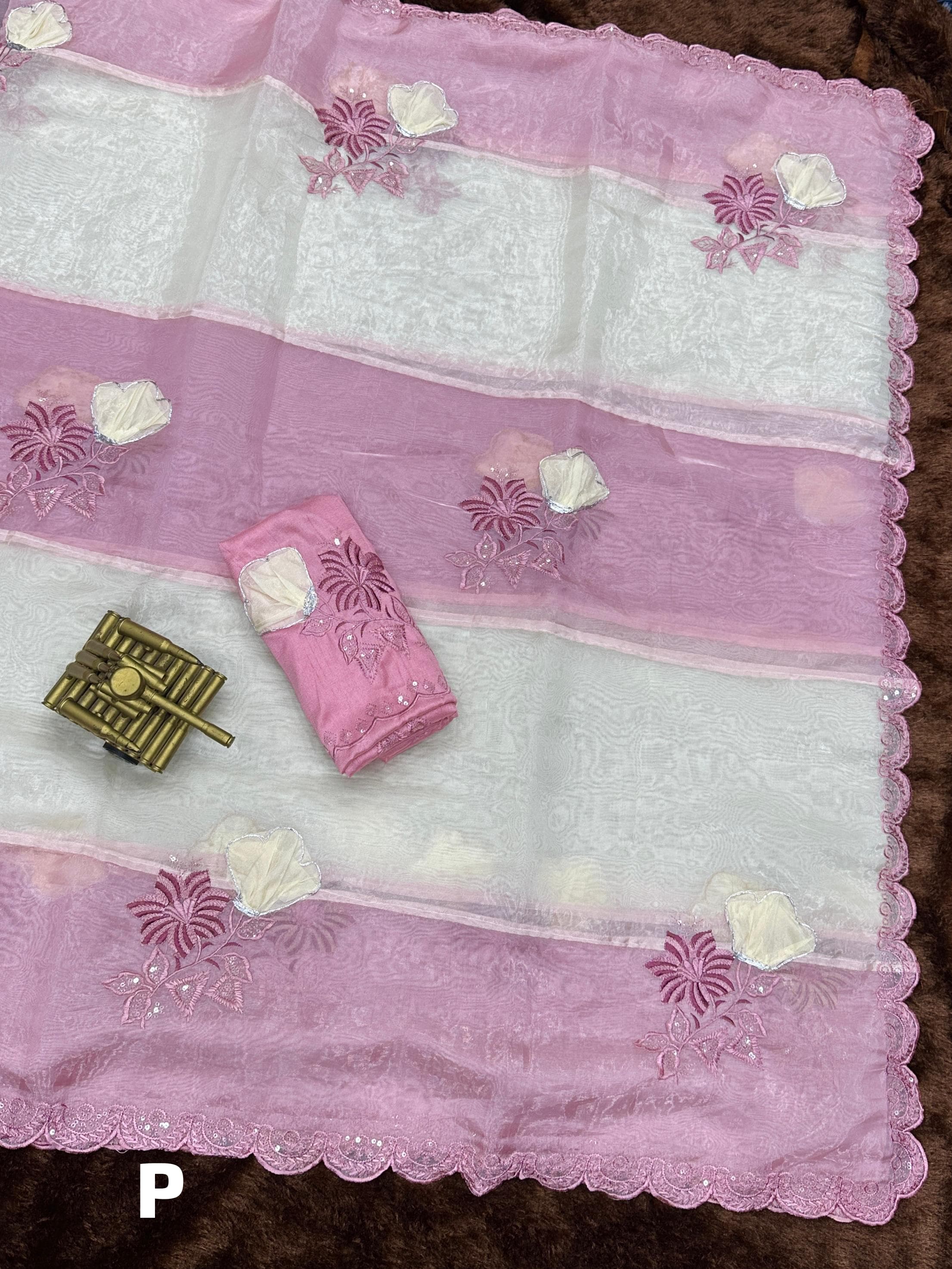 Pink Pure Organza Crystal Embroidery Organza Saree