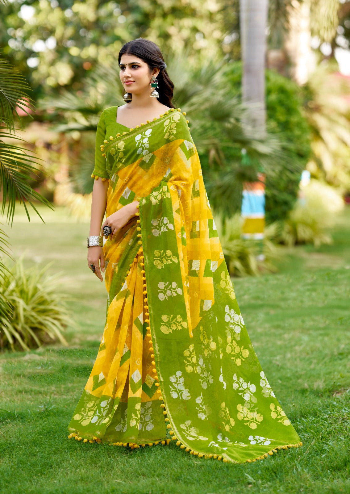 Yellow Pure Soft Mul Mul Cotton Pum Pum Cotton Saree